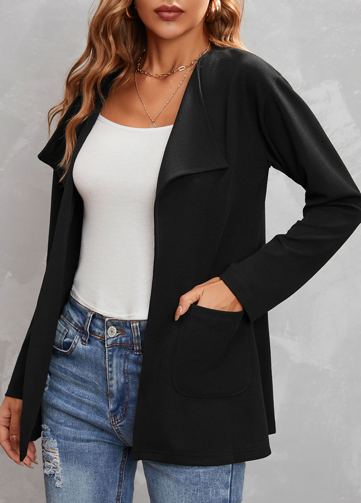 Black outerwear & coats,Plain Color outerwear & coats,Turndown Collar Black Pocket Long Sleeve Coat