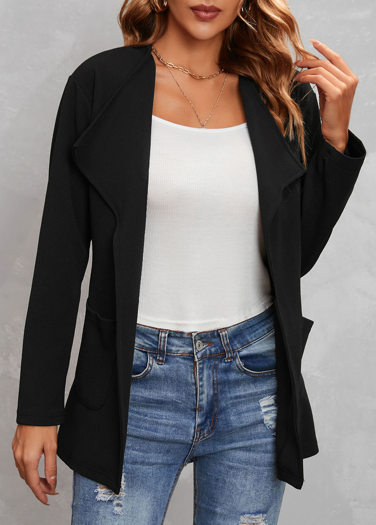 Black outerwear & coats,Plain Color outerwear & coats,Turndown Collar Black Pocket Long Sleeve Coat
