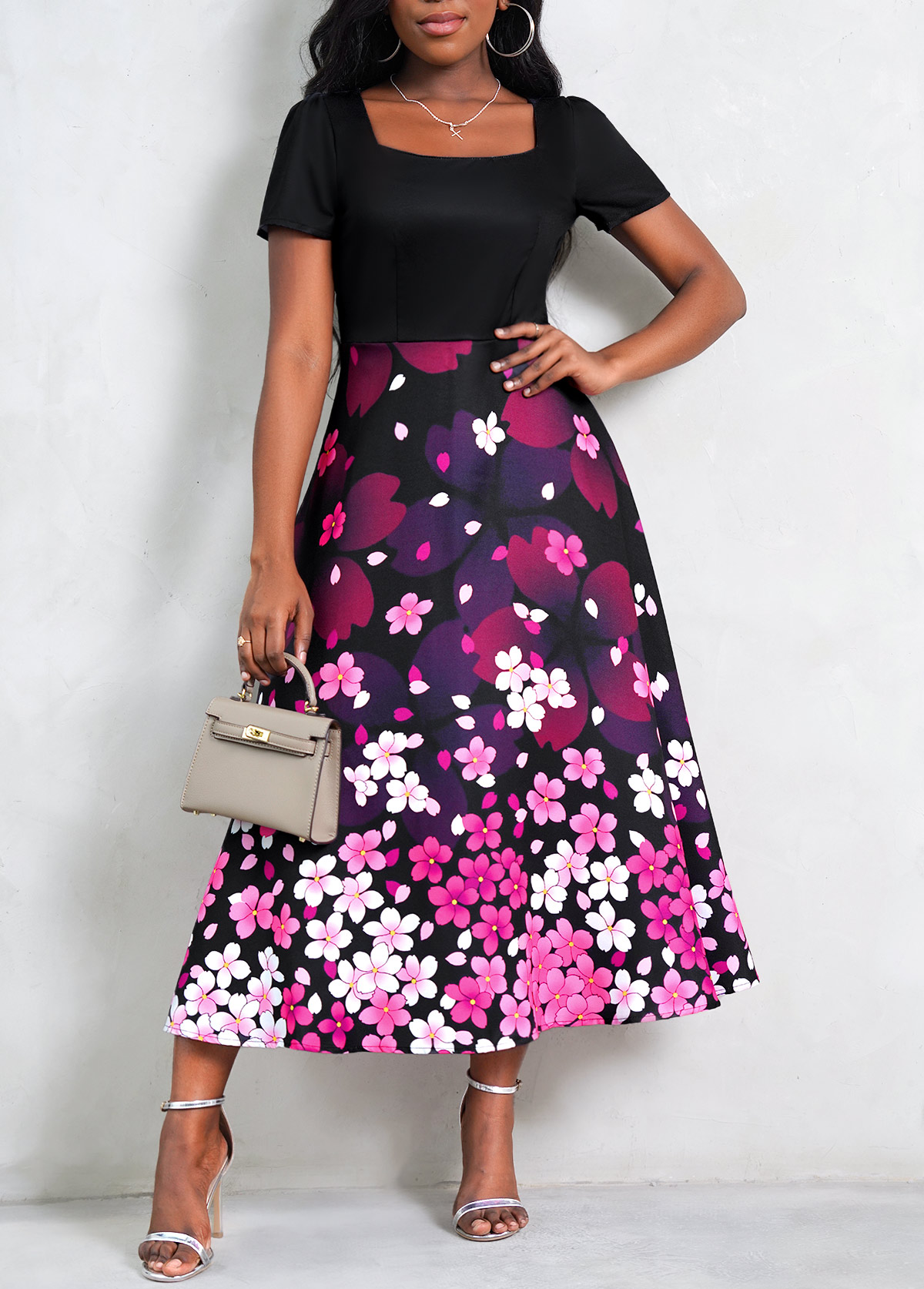 Black Floral Print Square Collar Dress