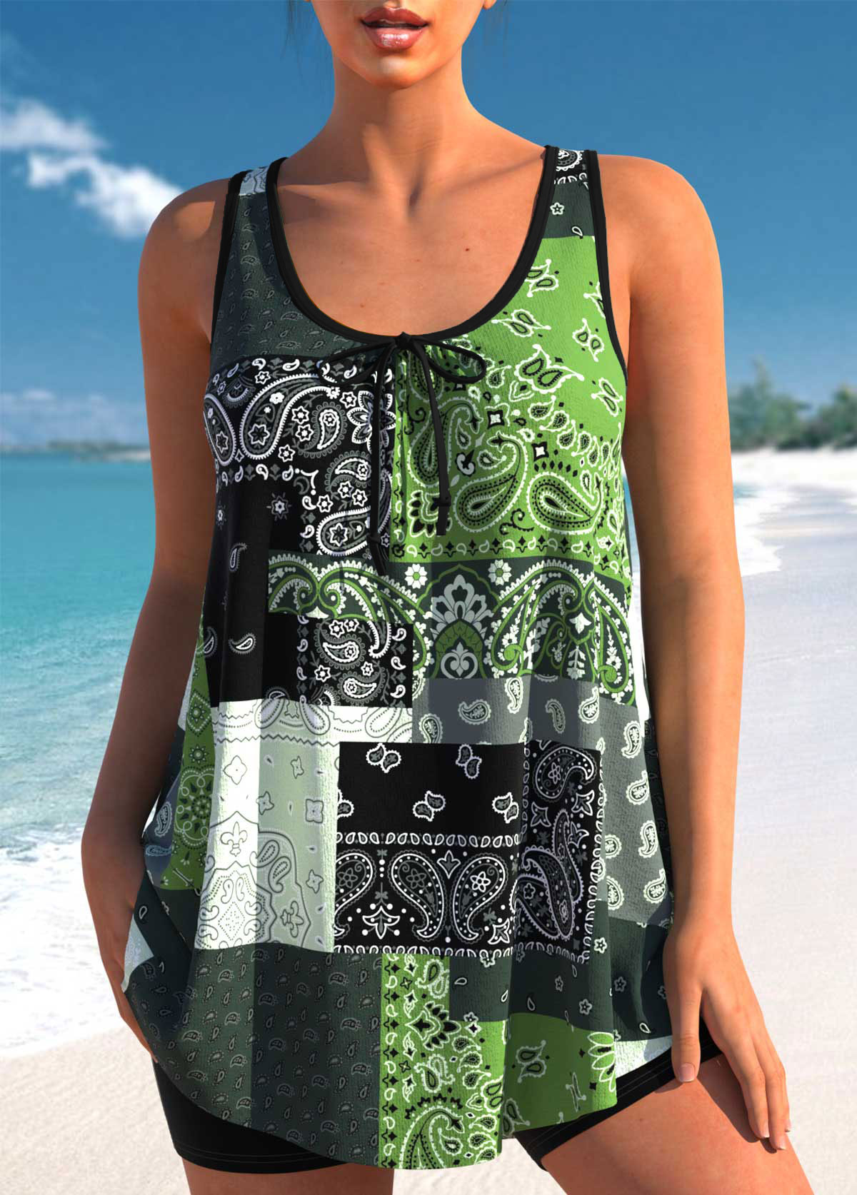 ROTITA Bowknot Paisley Print Blackish Green Tankini Top-No Bottom