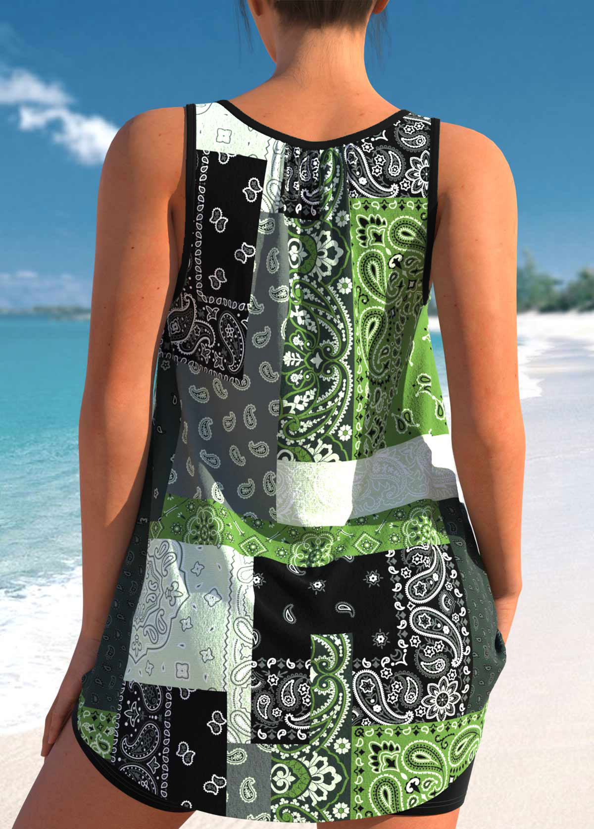Blackish Green swimwear,Paisley swimwear,ROTITA Bowknot Paisley Print Blackish Green Tankini Top