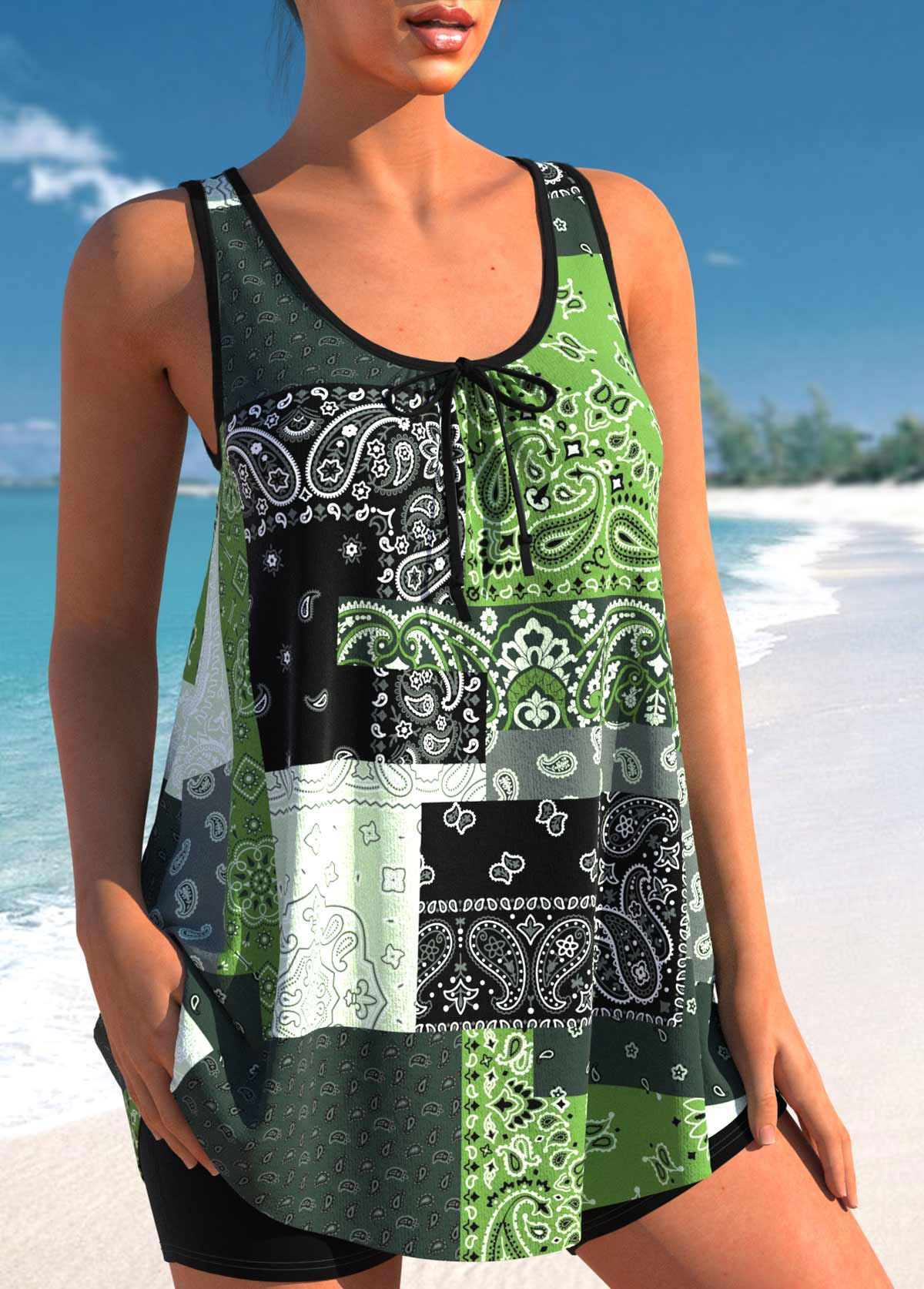Blackish Green swimwear,Paisley swimwear,ROTITA Bowknot Paisley Print Blackish Green Tankini Top