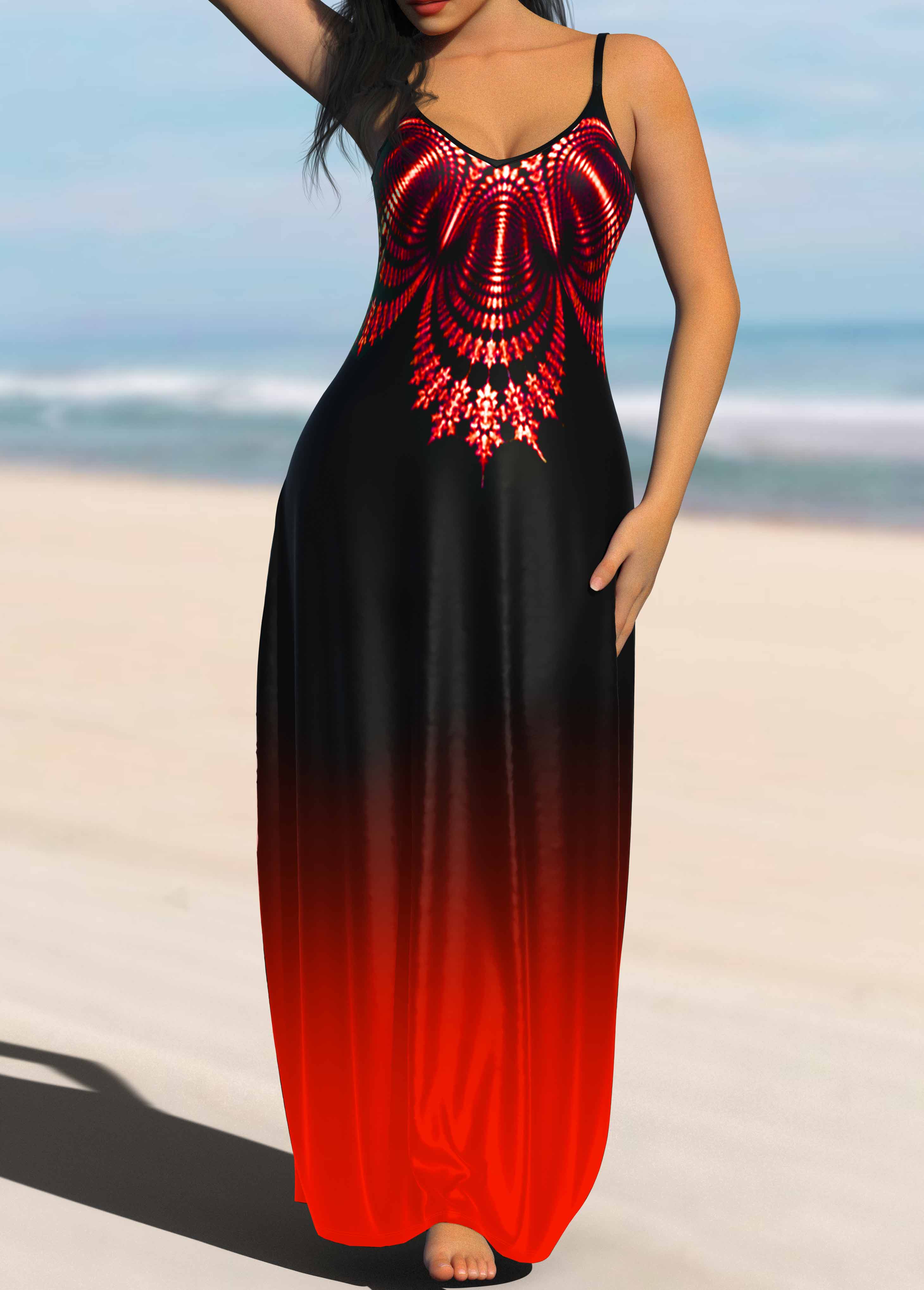 ROTITA Ombre Red Tribal Print Strappy Maxi Dress