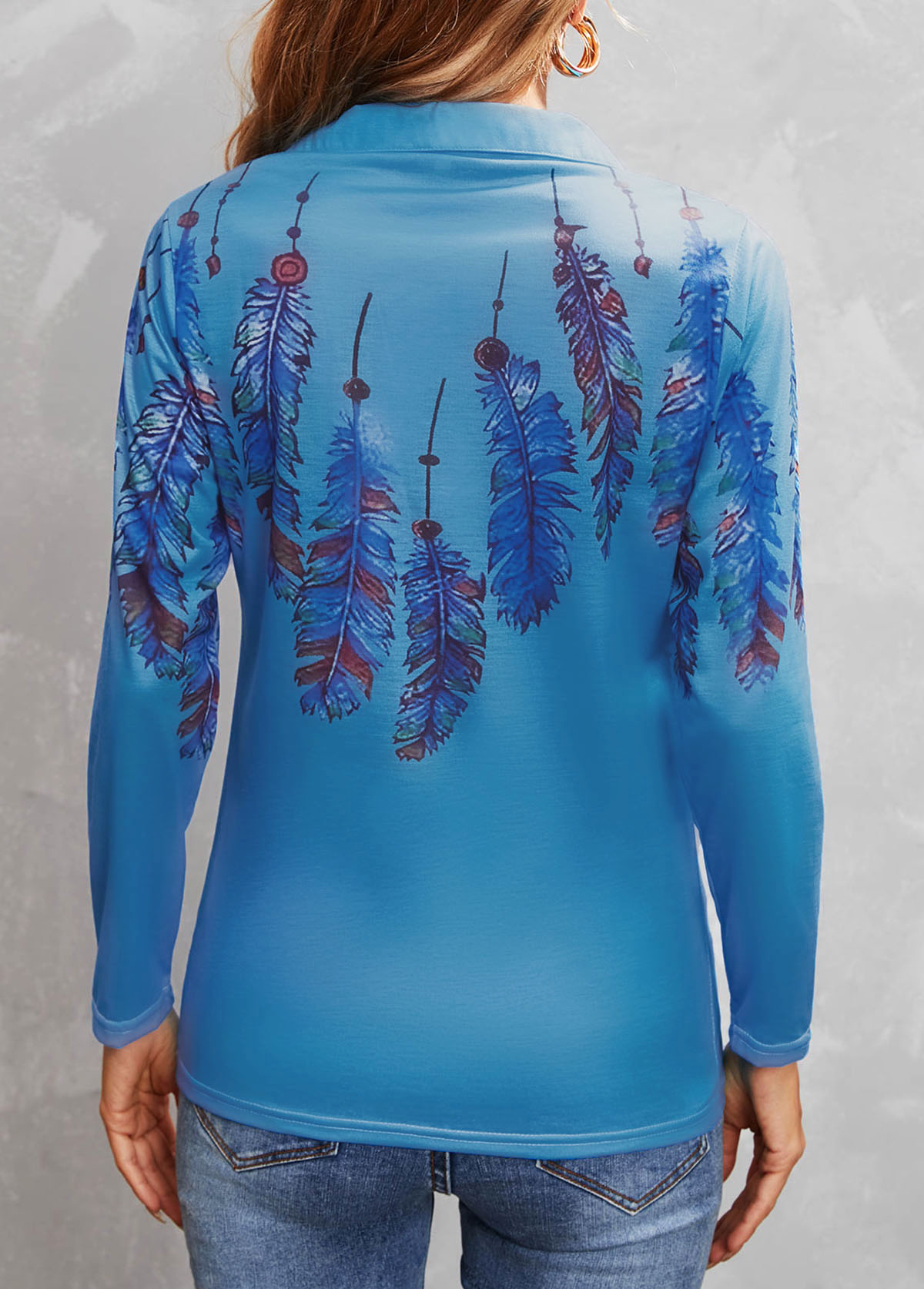 Blue tops,Tribal tops,Feathers Print Blue Turn Down Collar T Shirt