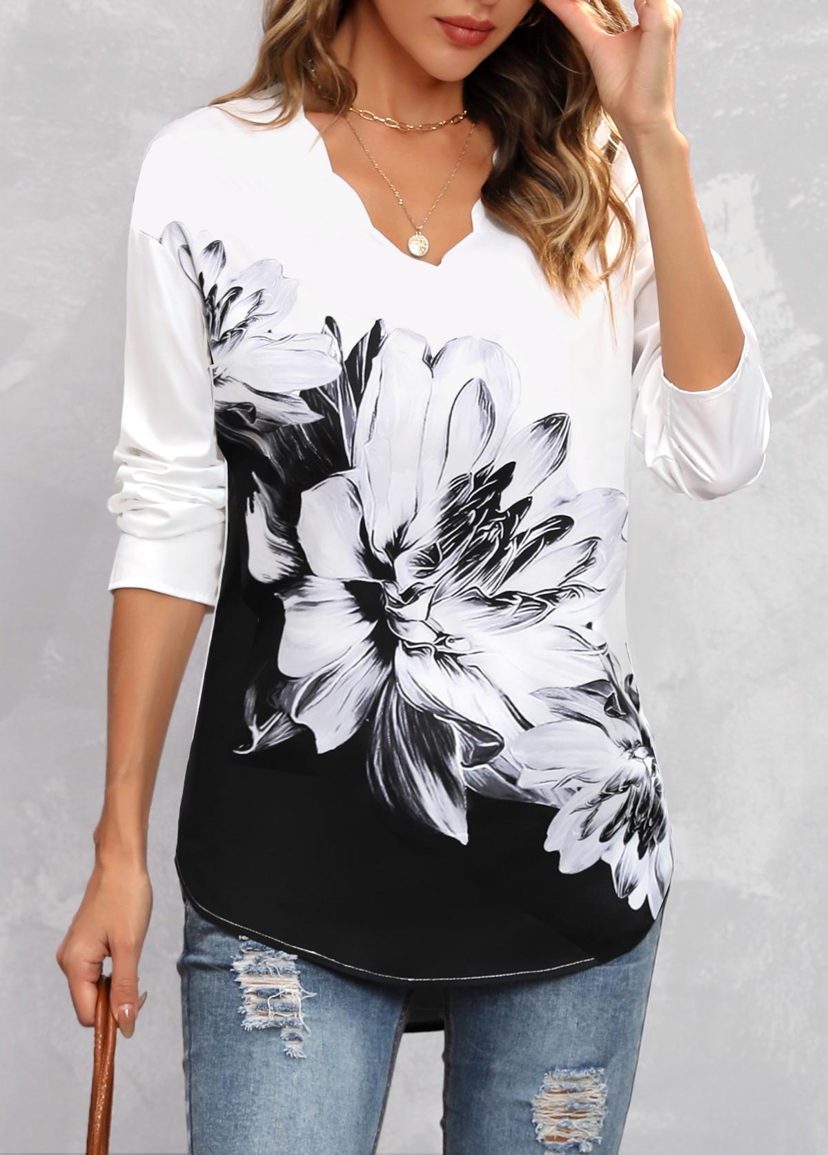 Black tops,Floral tops,Long Sleeve Black Floral Print Blouse