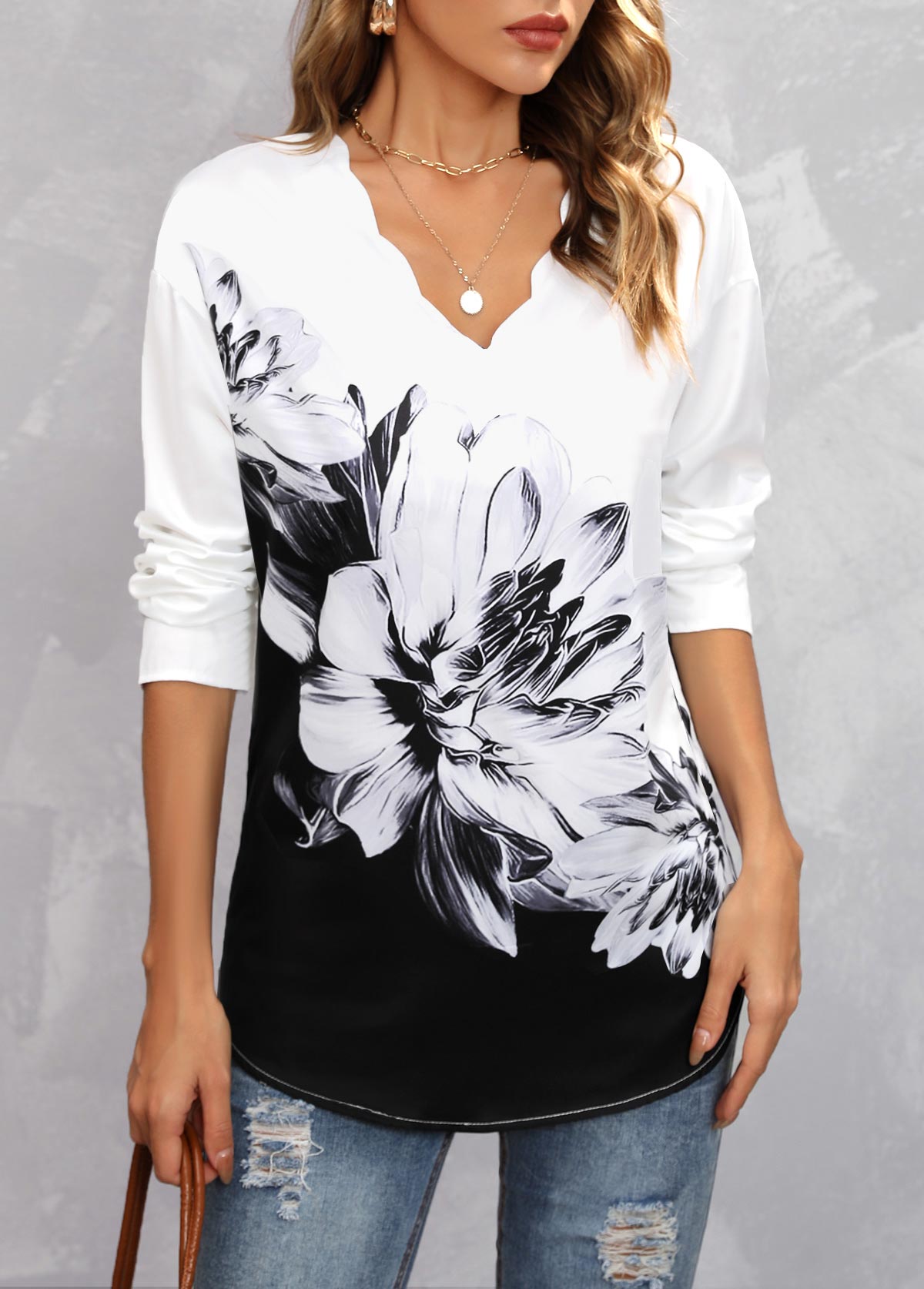 Black tops,Floral tops,Long Sleeve Black Floral Print Blouse