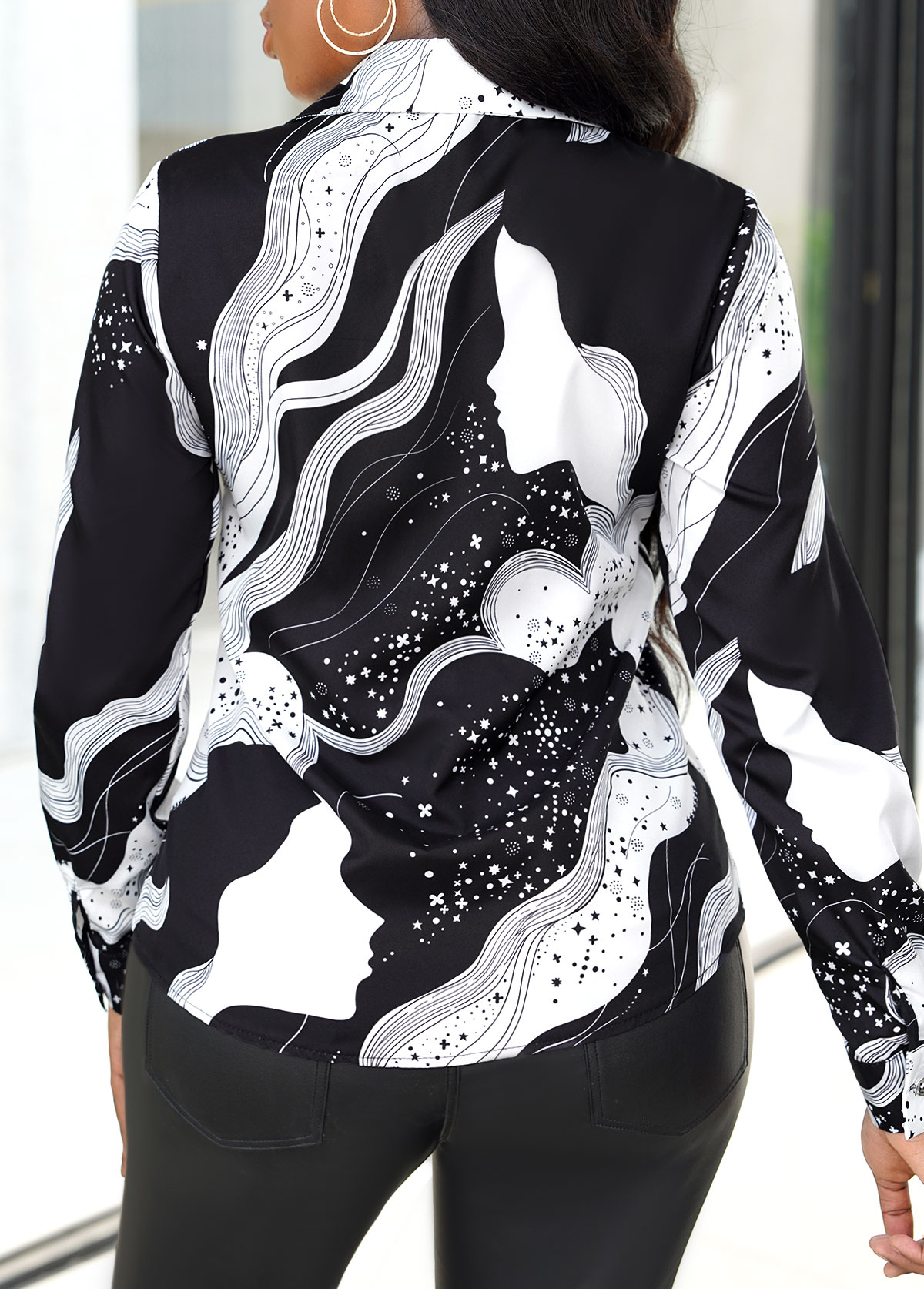 White tops,Galaxy tops,Galaxy Print White Shirt Collar Long Sleeve Blouse