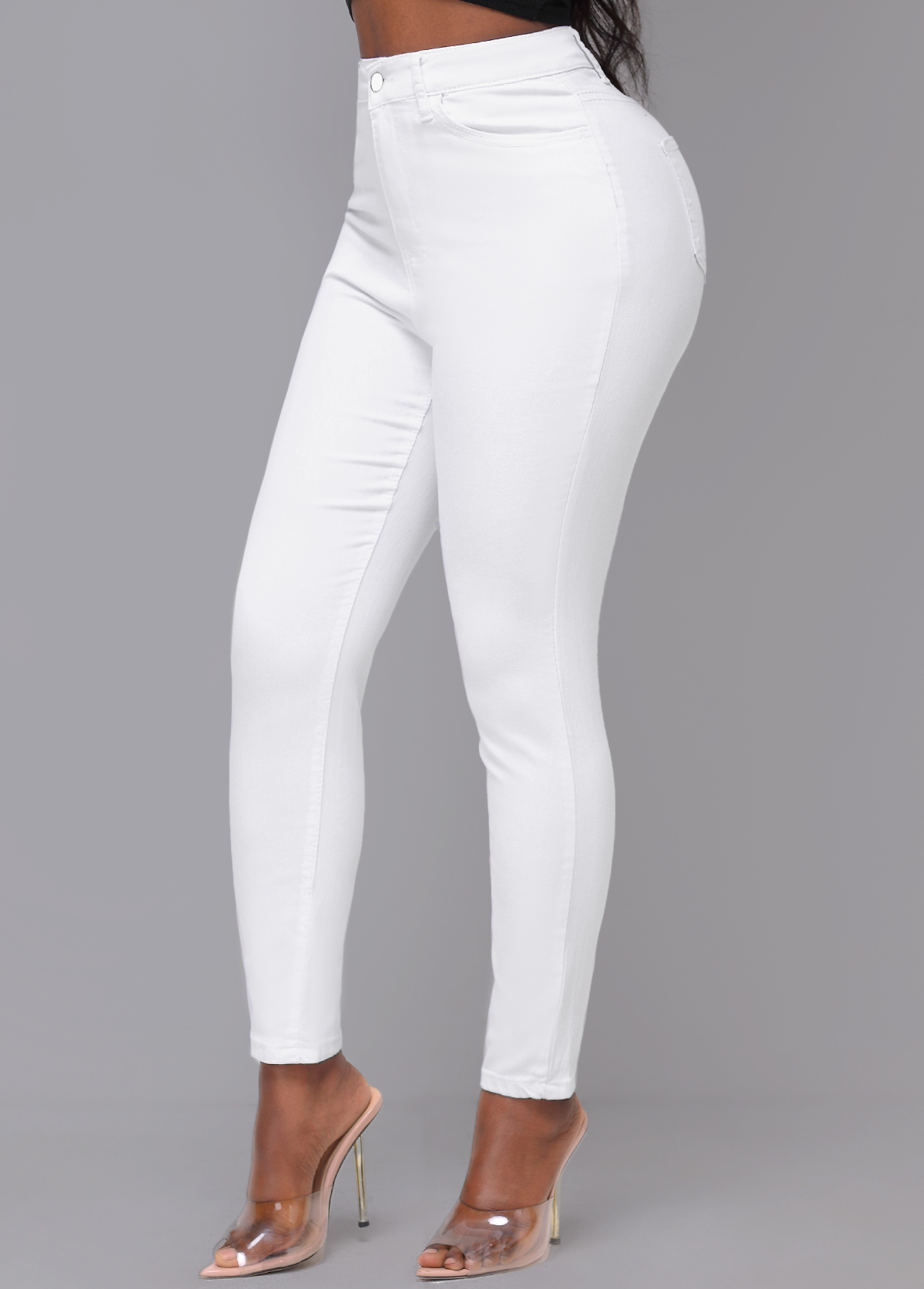 White bottoms,Plain Color bottoms,High Waisted White Skinny Zipper Fly Pants