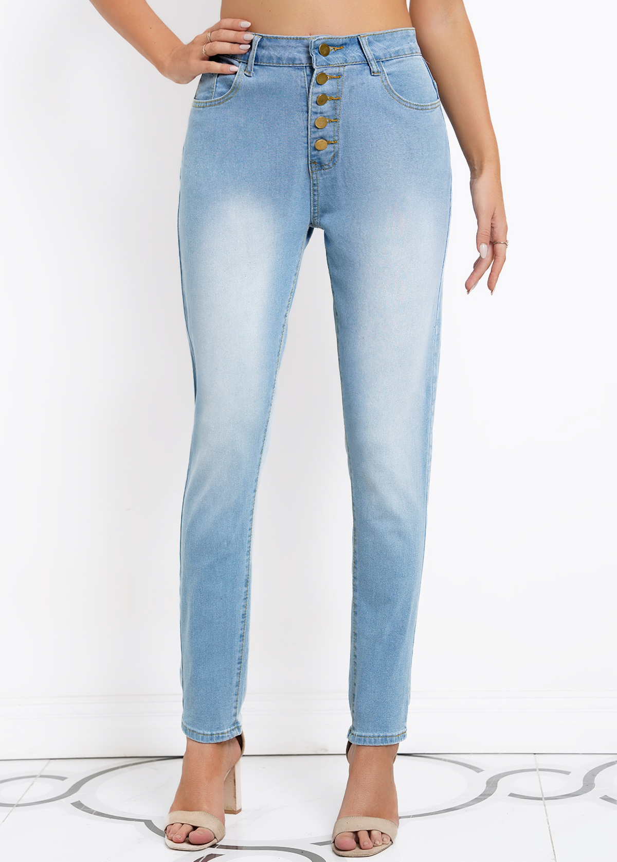 Button Denim Blue Skinny High Waisted Jeans