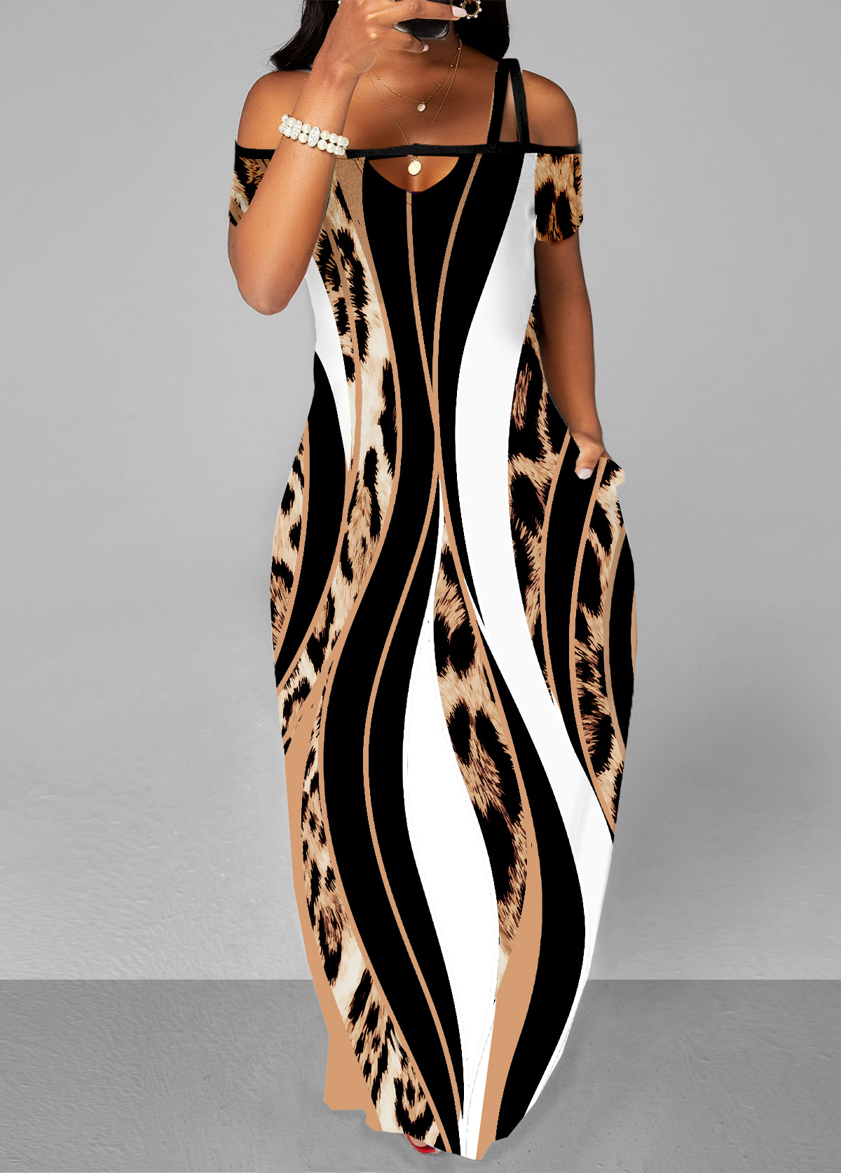 ROTITA Pocket Sleeveless Multi Color Leopard Maxi Dress