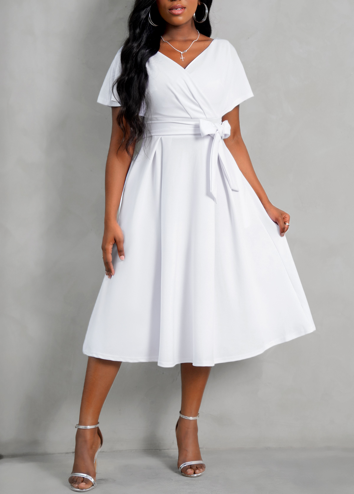White Belted Cross Front Short Sleeve Dress
