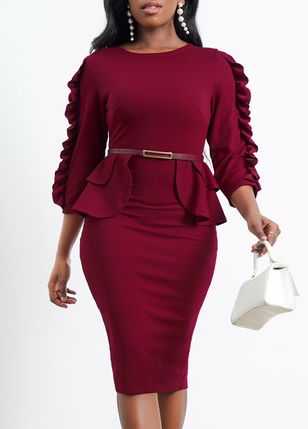 Stringy Selvedge Belted Wine Red Dress
