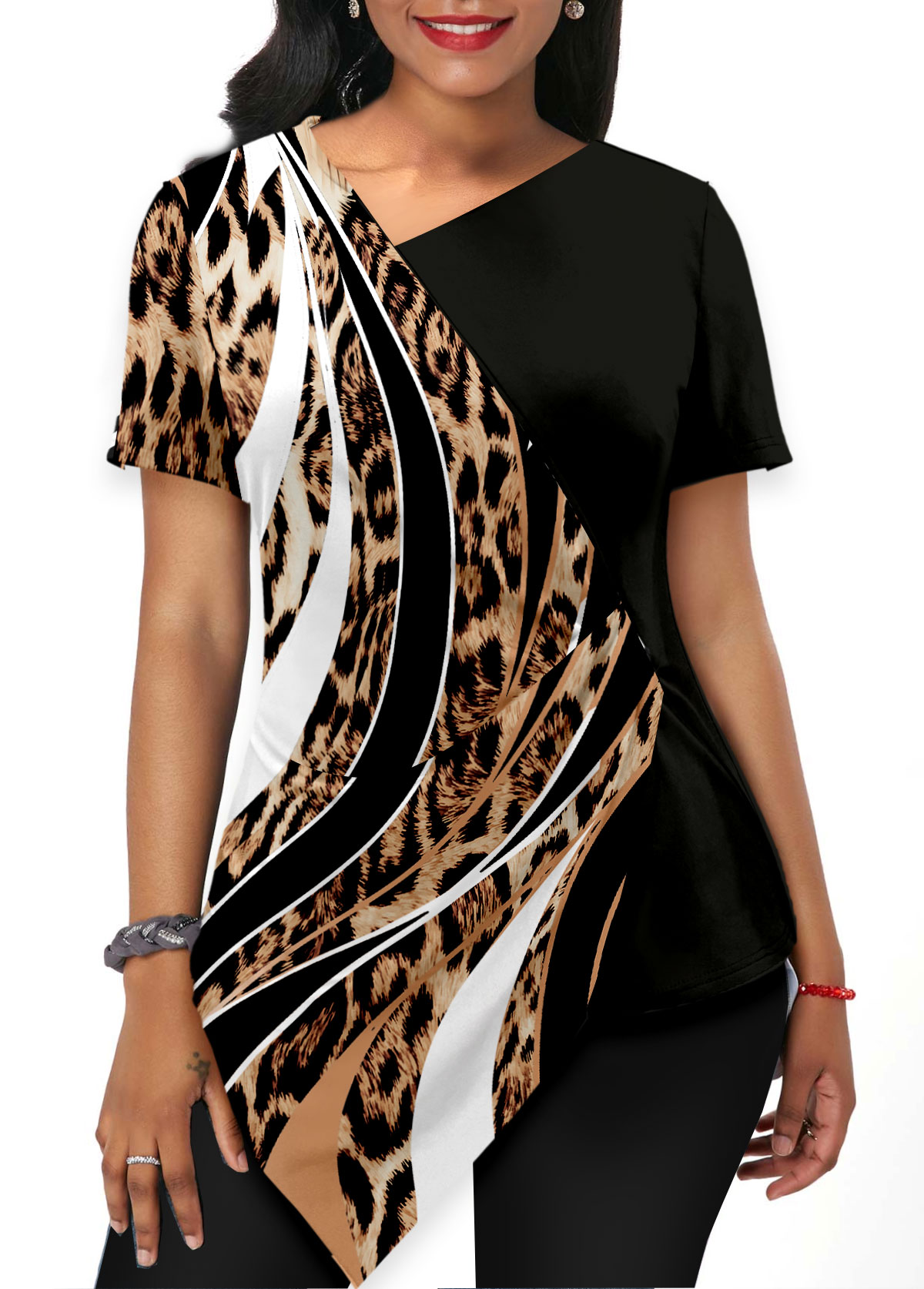 Multi Color tops,Leopard tops,ROTITA Asymmetric Hem Multi Color Leopard T Shirt