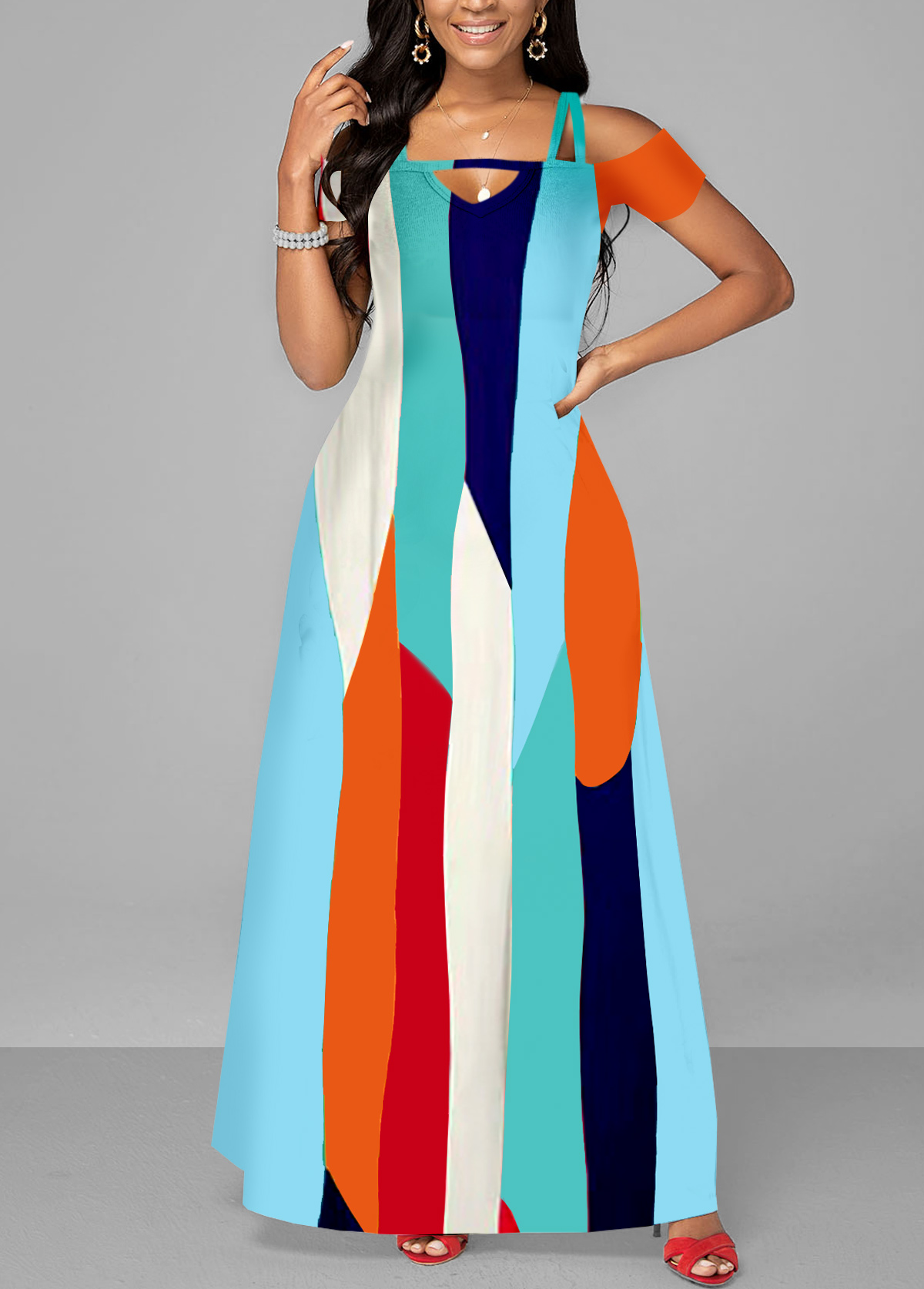 Multi Color dresses,Geometric dresses,ROTITA Short Sleeve Double Straps Multi Color Maxi Dress
