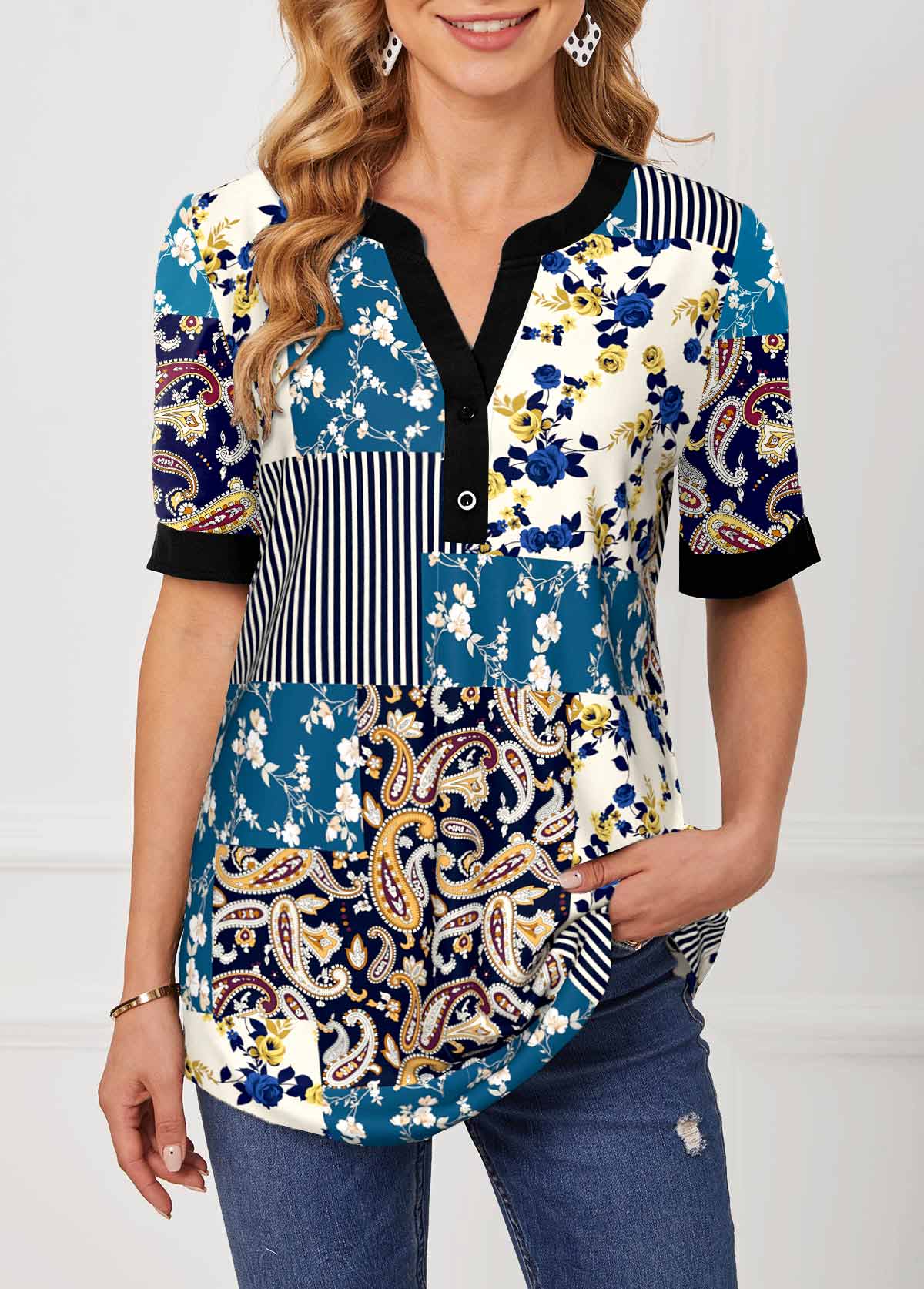 Multi Color tops,Tribal tops,ROTITA Split Neck Paisley Print Short Sleeve Blouse