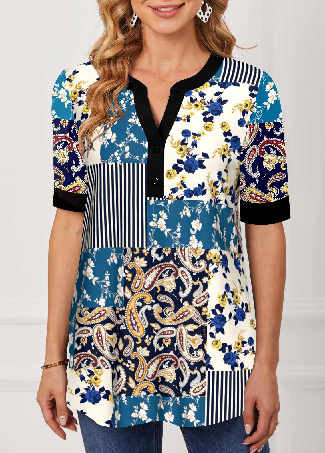 Multi Color tops,Tribal tops,ROTITA Split Neck Paisley Print Short Sleeve Blouse