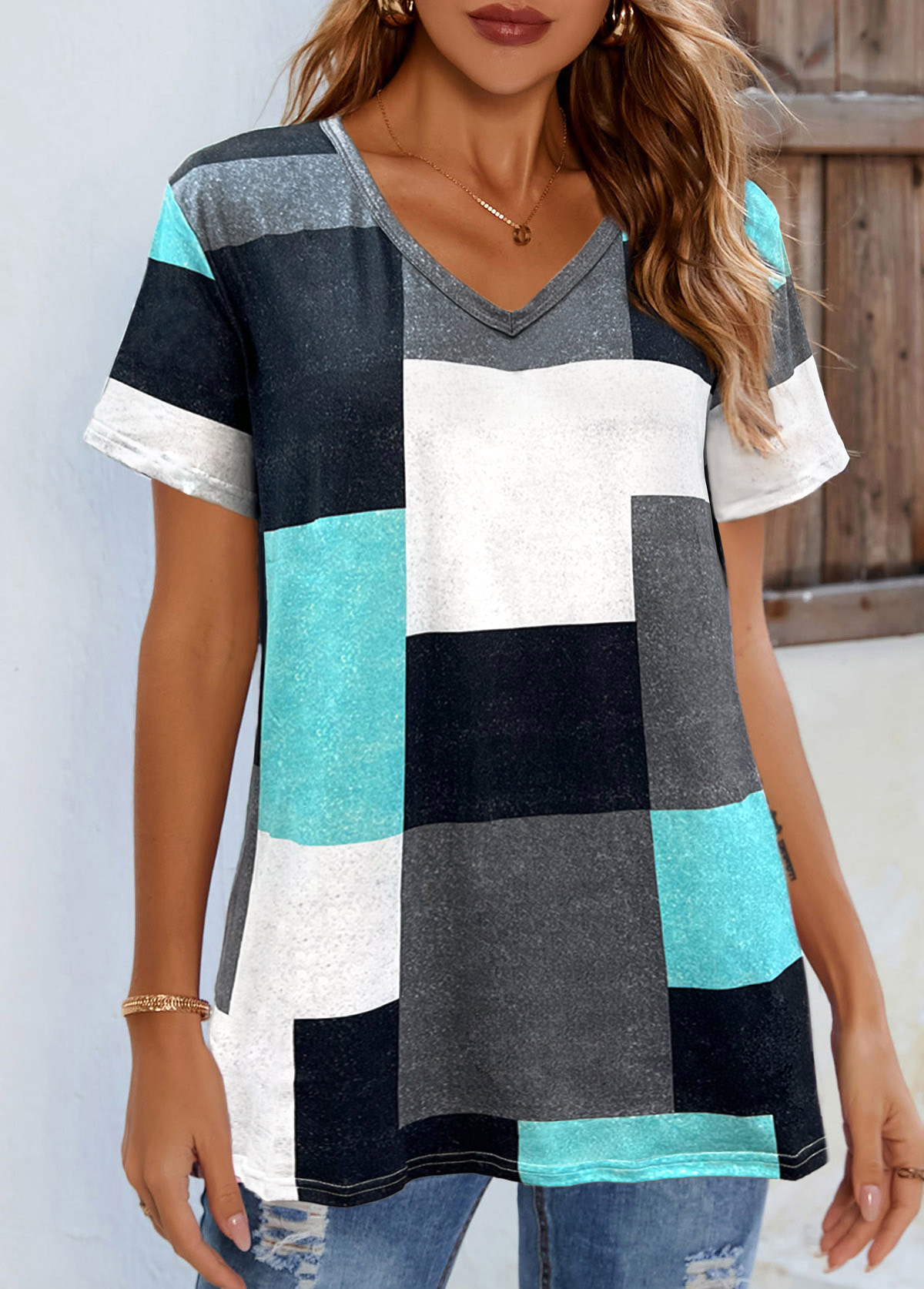 Cyan tops,Contrast Color tops,Short Sleeve Cyan Contrast V Neck T Shirt