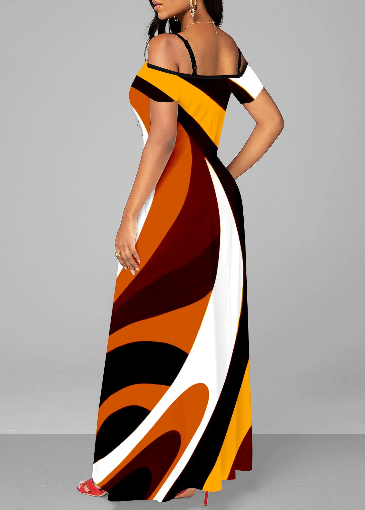 Multi Color dresses,Geometric dresses,ROTITA Double Side Pockets Strappy Cold Shoulder Dress