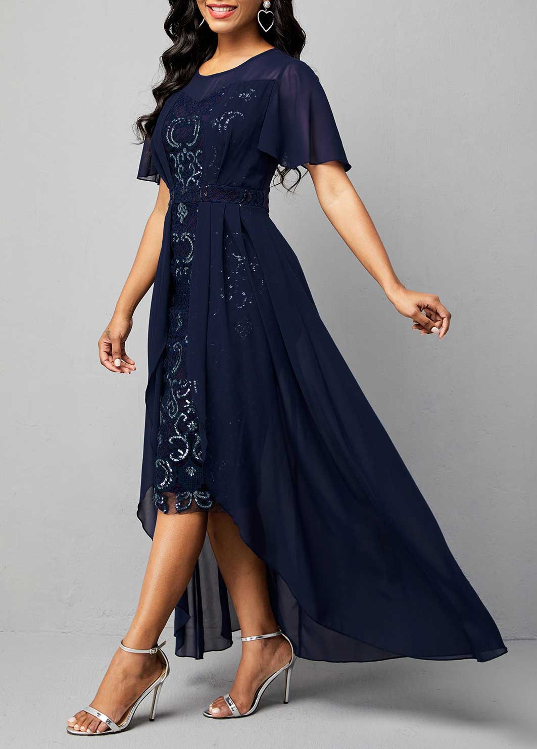 Plain Color dresses,ROTITA Sequin Chiffon Embroidered Round Neck Dress