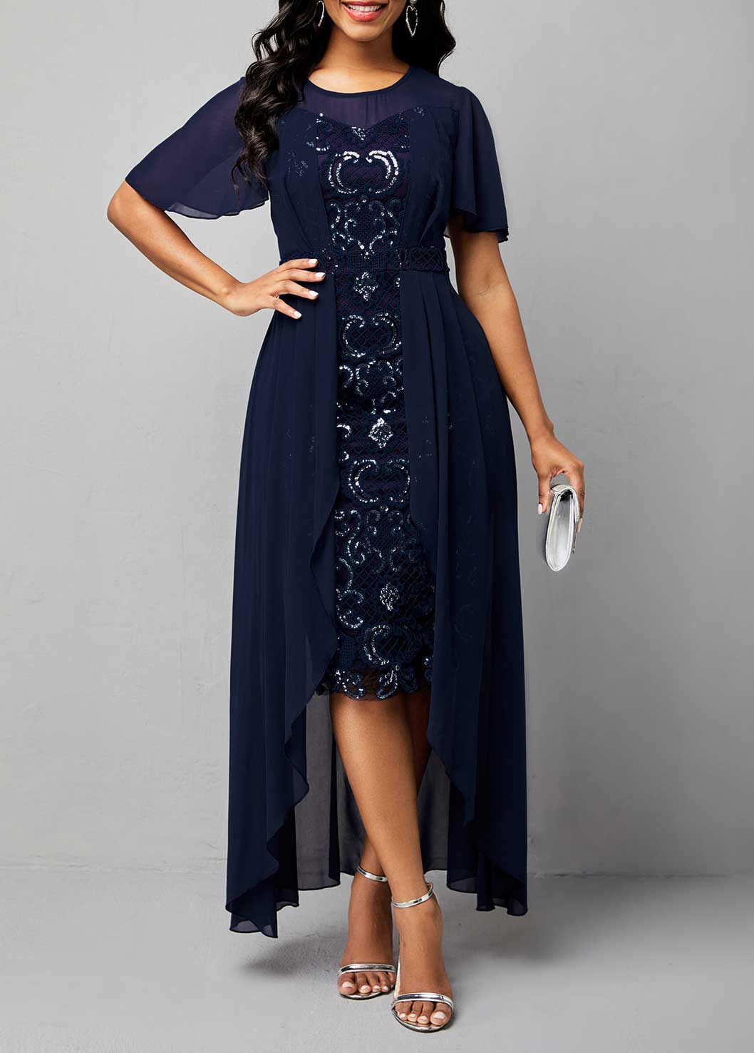 Plain Color dresses,ROTITA Sequin Chiffon Embroidered Round Neck Dress