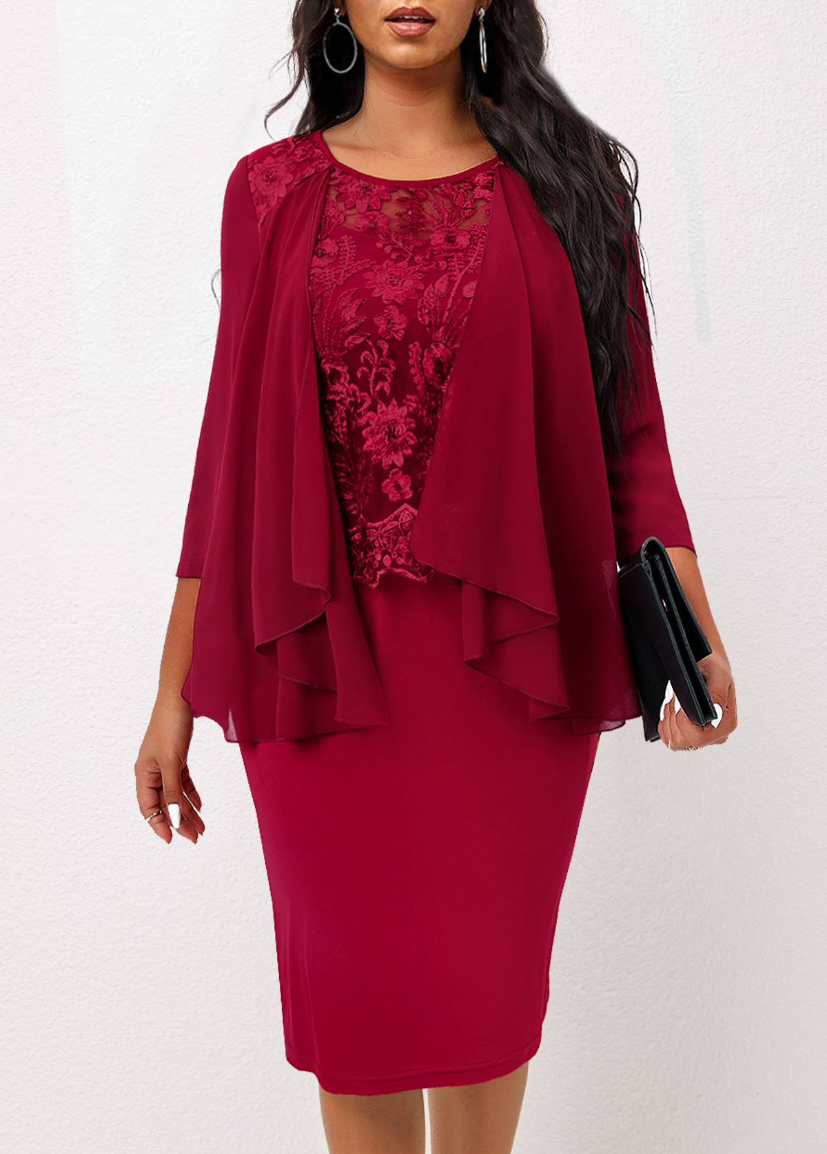 Wine Red dresses,Plain Color dresses,ROTITA Wine Red 3/4 Sleeve Round Neck Dress