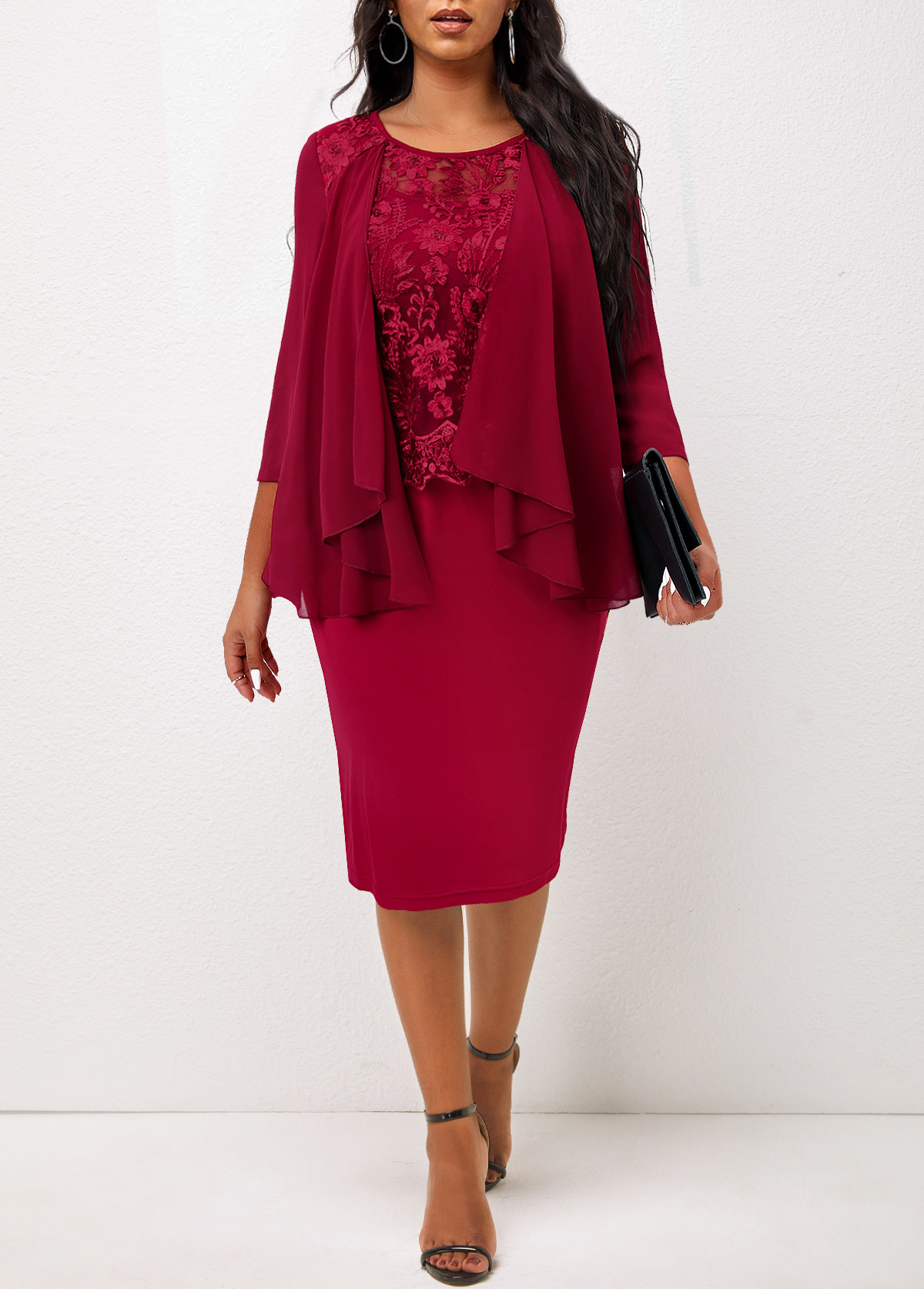 Wine Red dresses,Plain Color dresses,ROTITA Wine Red 3/4 Sleeve Round Neck Dress