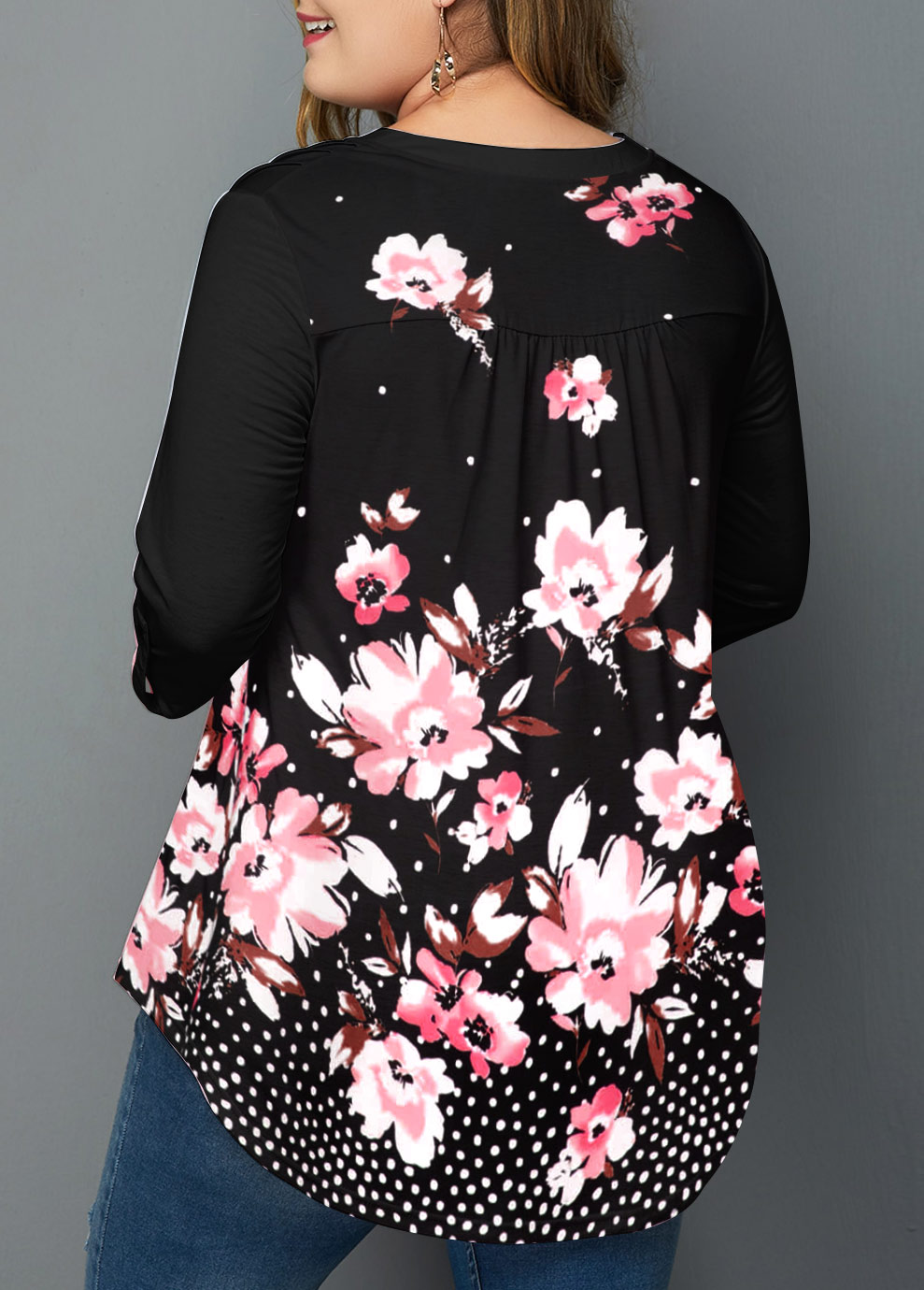Black plus size,Floral plus size,ROTITA Floral Print Plus Size Black Split Neck Blouse