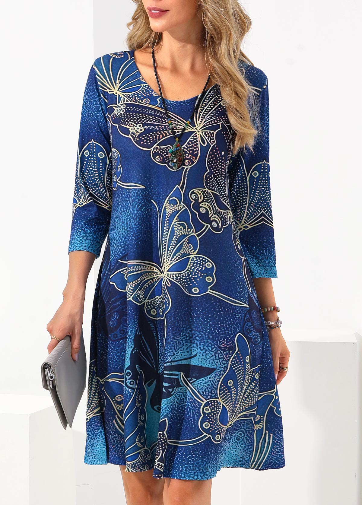 3/4 Sleeve Blue Butterfly Print Dress