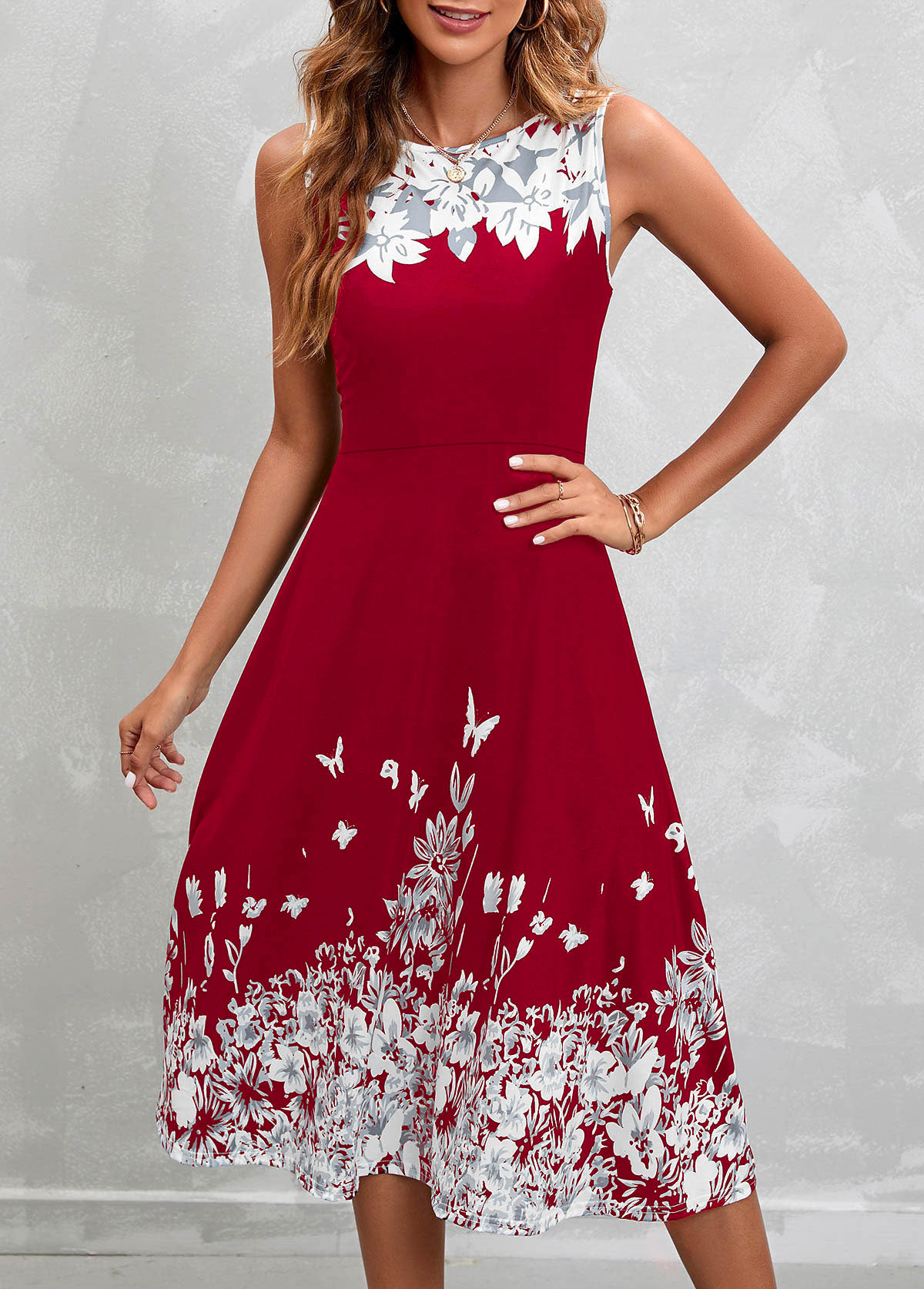 Floral Print Wine Red Sleeveless High Waist Dress