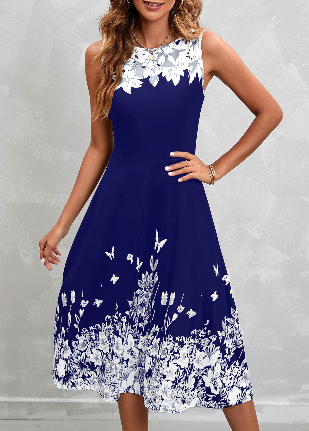 Floral Print Navy Sleeveless High Waist Dress