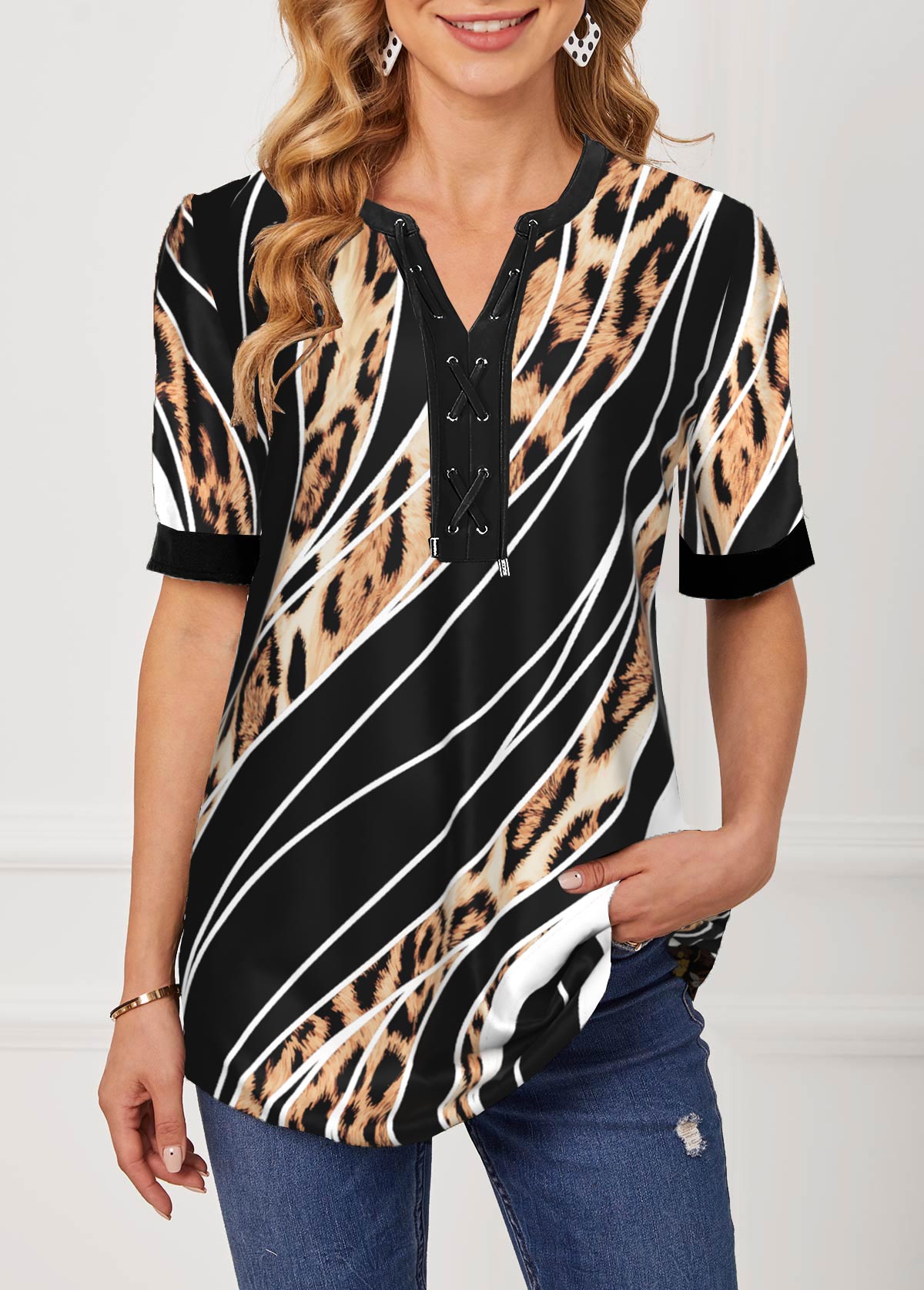 Black tops,Leopard tops,ROTITA Leopard Black Striped Lace Up Blouse