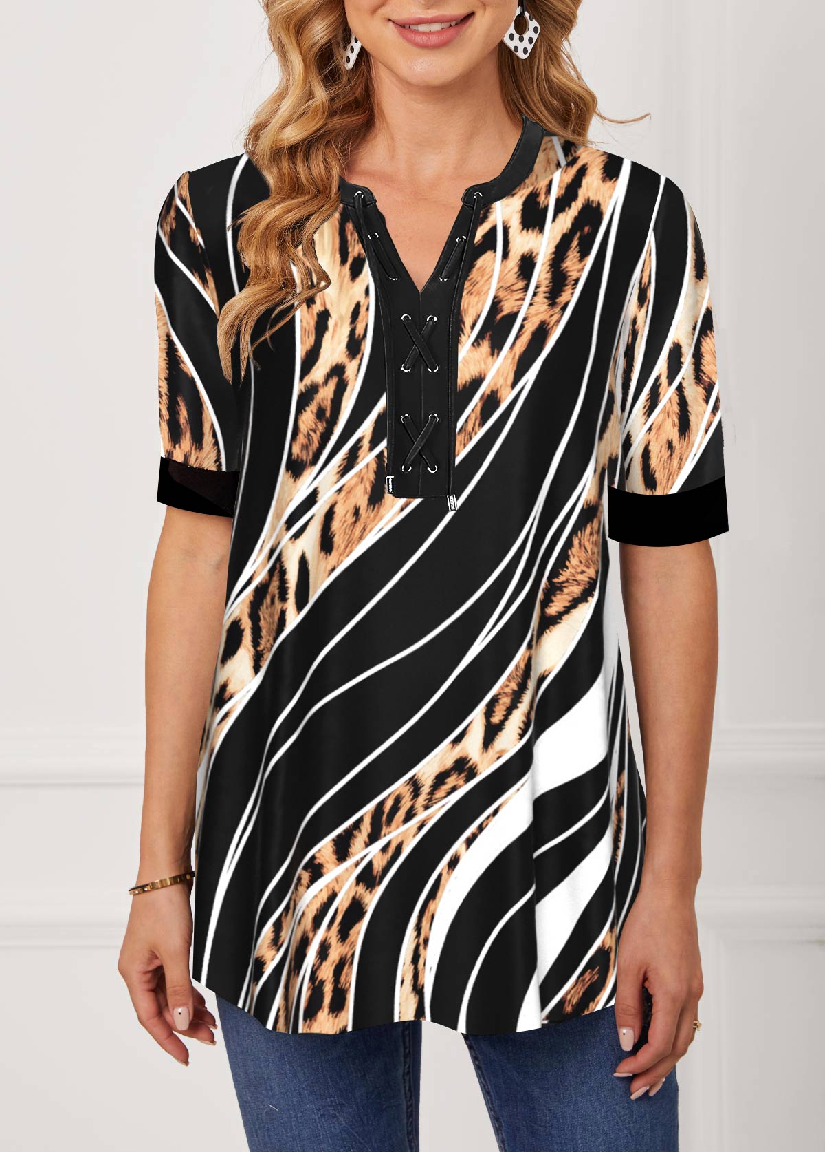 Black tops,Leopard tops,ROTITA Leopard Black Striped Lace Up Blouse