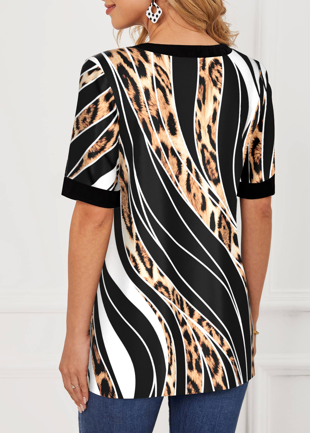 Black tops,Leopard tops,ROTITA Leopard Black Striped Lace Up Blouse