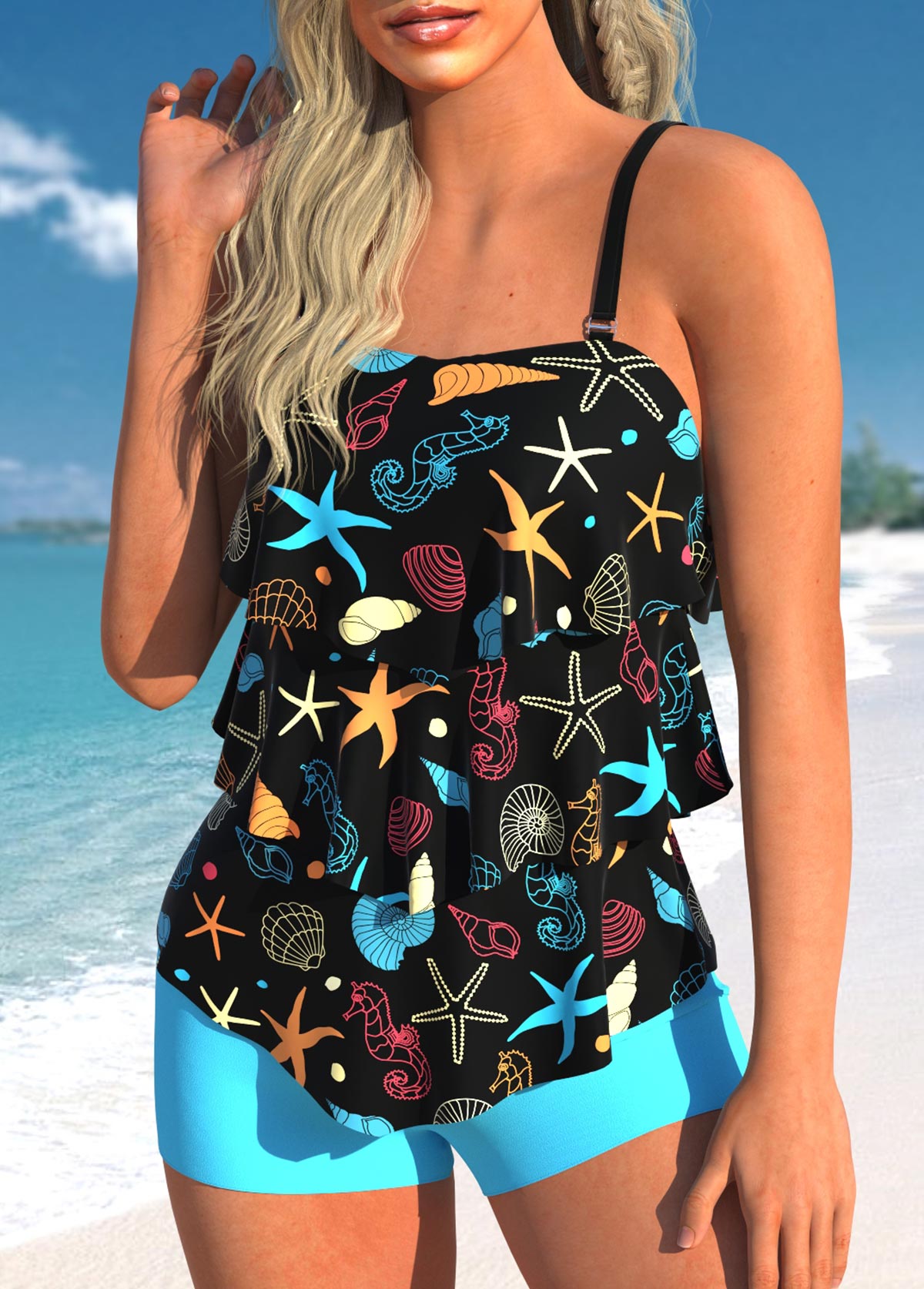 Multi Color plus size,Animal Print plus size,ROTITA Marine Life Print Plus Size Layered Hem Tankini Set