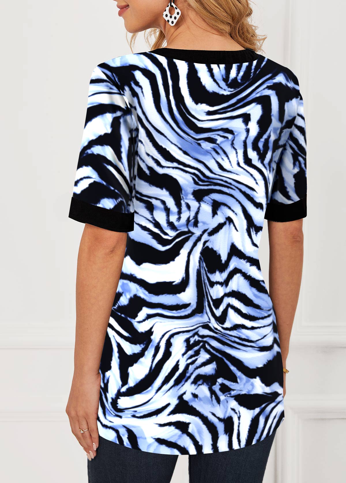 Black tops,Animal Print tops,ROTITA Black Zebra Print Split Neck Blouse