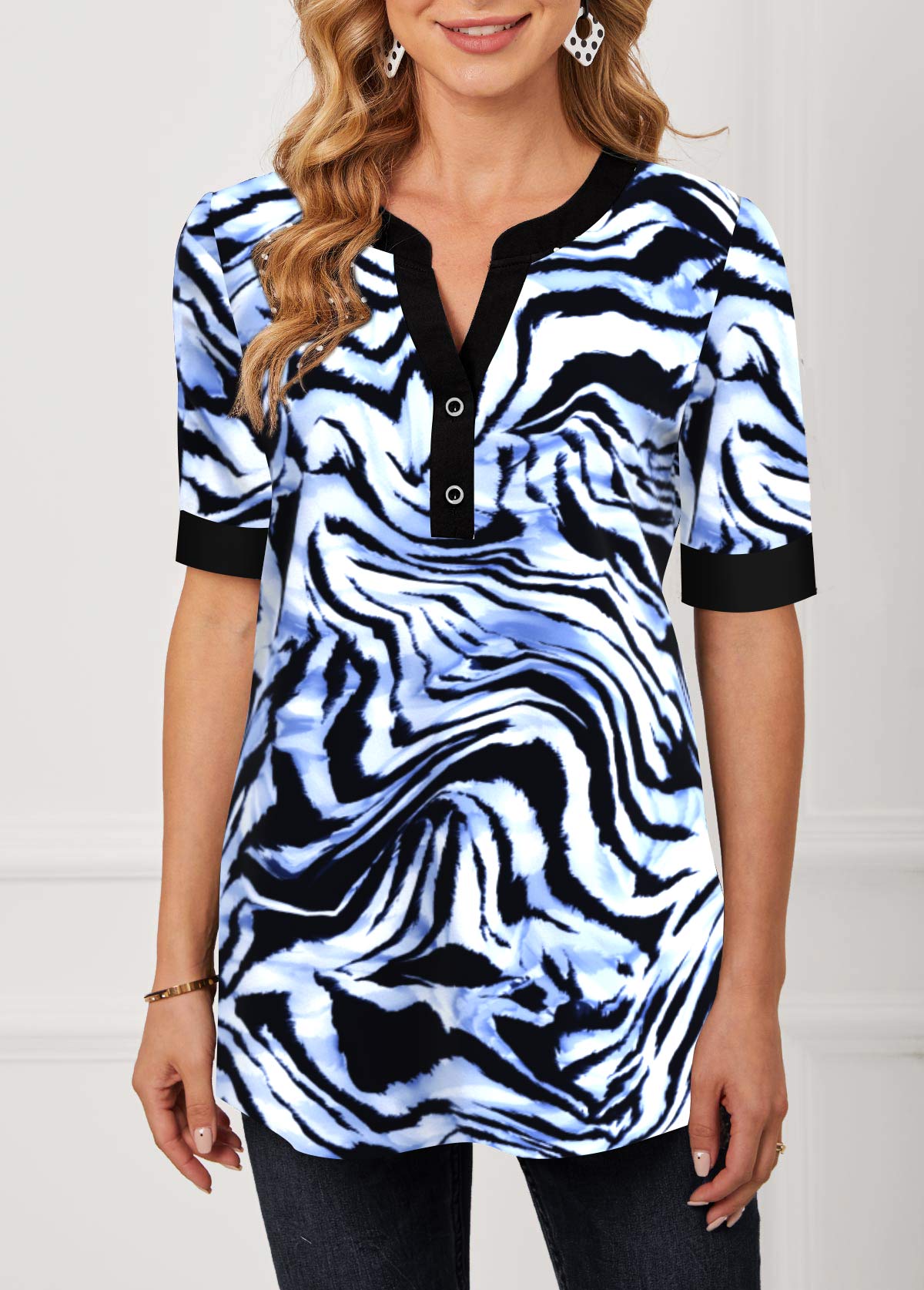 Black tops,Animal Print tops,ROTITA Black Zebra Print Split Neck Blouse