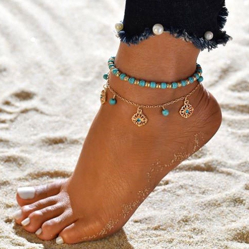 Beads Design Turquoise Metal Detail Anklet Set