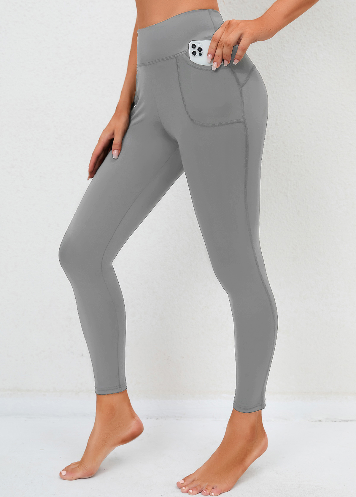 Light Grey bottoms,Plain Color bottoms,Skinny High Waisted Double Side Pockets Light Grey Leggings