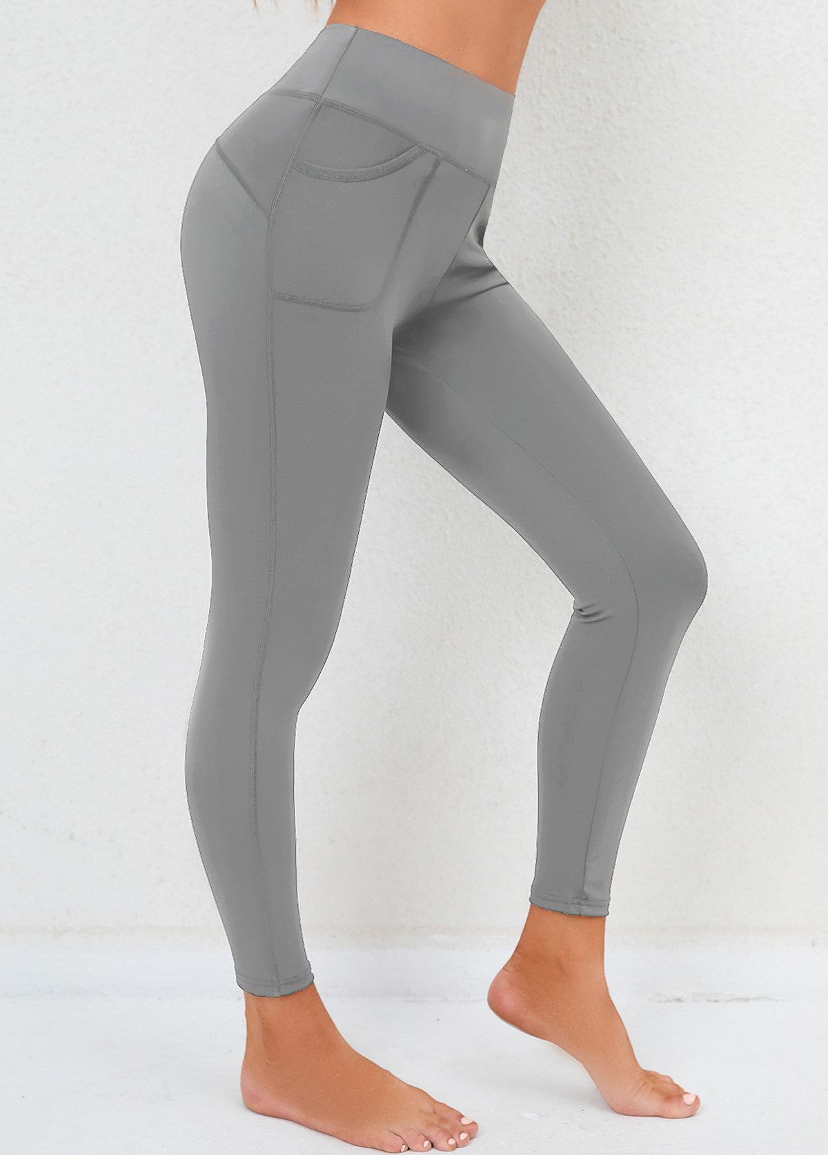 Light Grey bottoms,Plain Color bottoms,Skinny High Waisted Double Side Pockets Light Grey Leggings