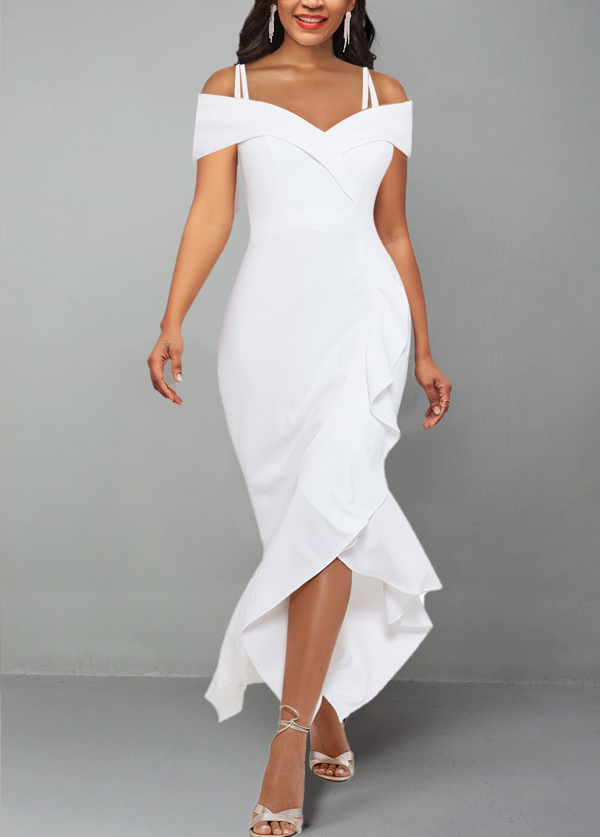 White dresses,Plain Color dresses,ROTITA White Strappy Cold Shoulder Short Sleeve Dress