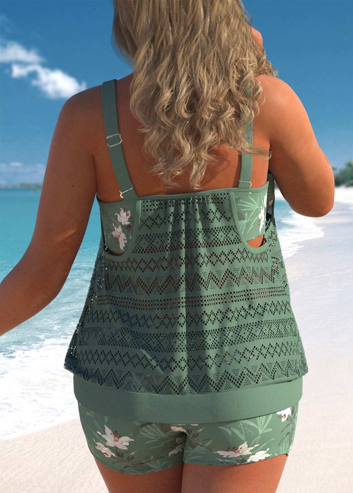 Sage Green plus size,Floral plus size,ROTITA Plus Size Floral Print Sage Green Tankini Set