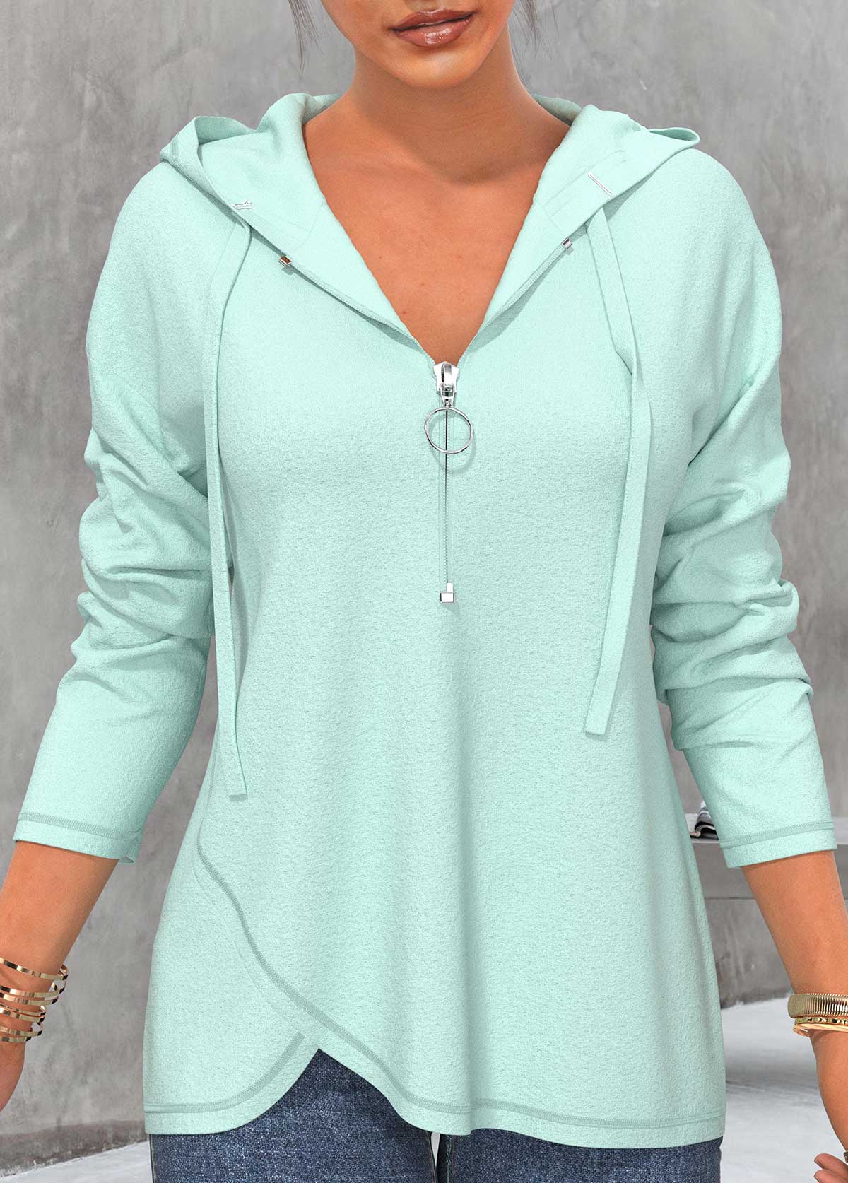 ROTITA Mint Green Drawstring Quarter Zip Hoodie