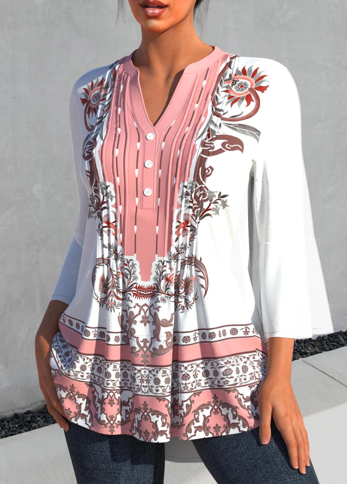White tops,Tribal tops,ROTITA White Tribal Print Split Neck 3/4 Sleeve Blouse