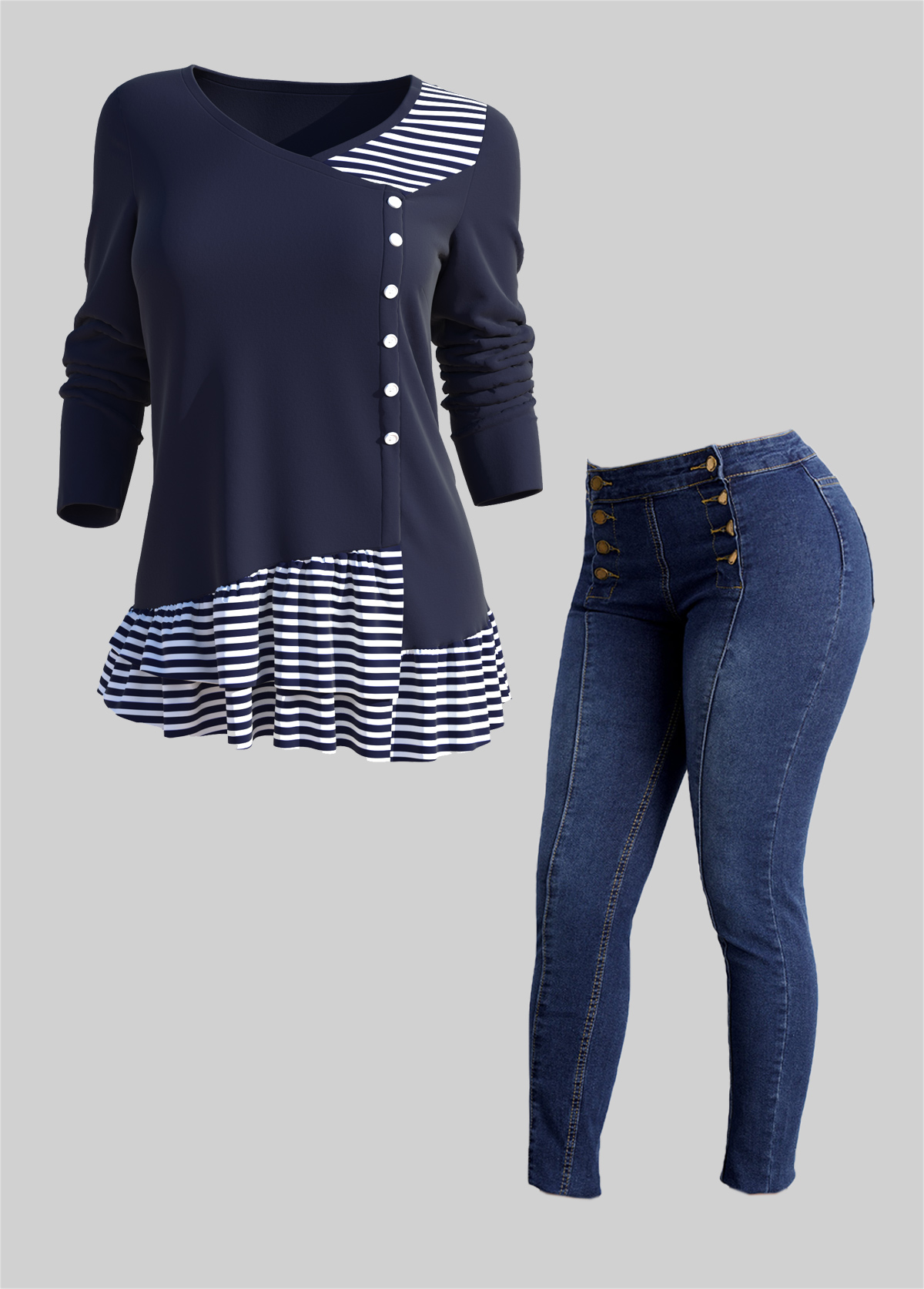 Navy tops,Striped tops,ROTITA Striped Decorative Button Layered Hem Navy T Shirt