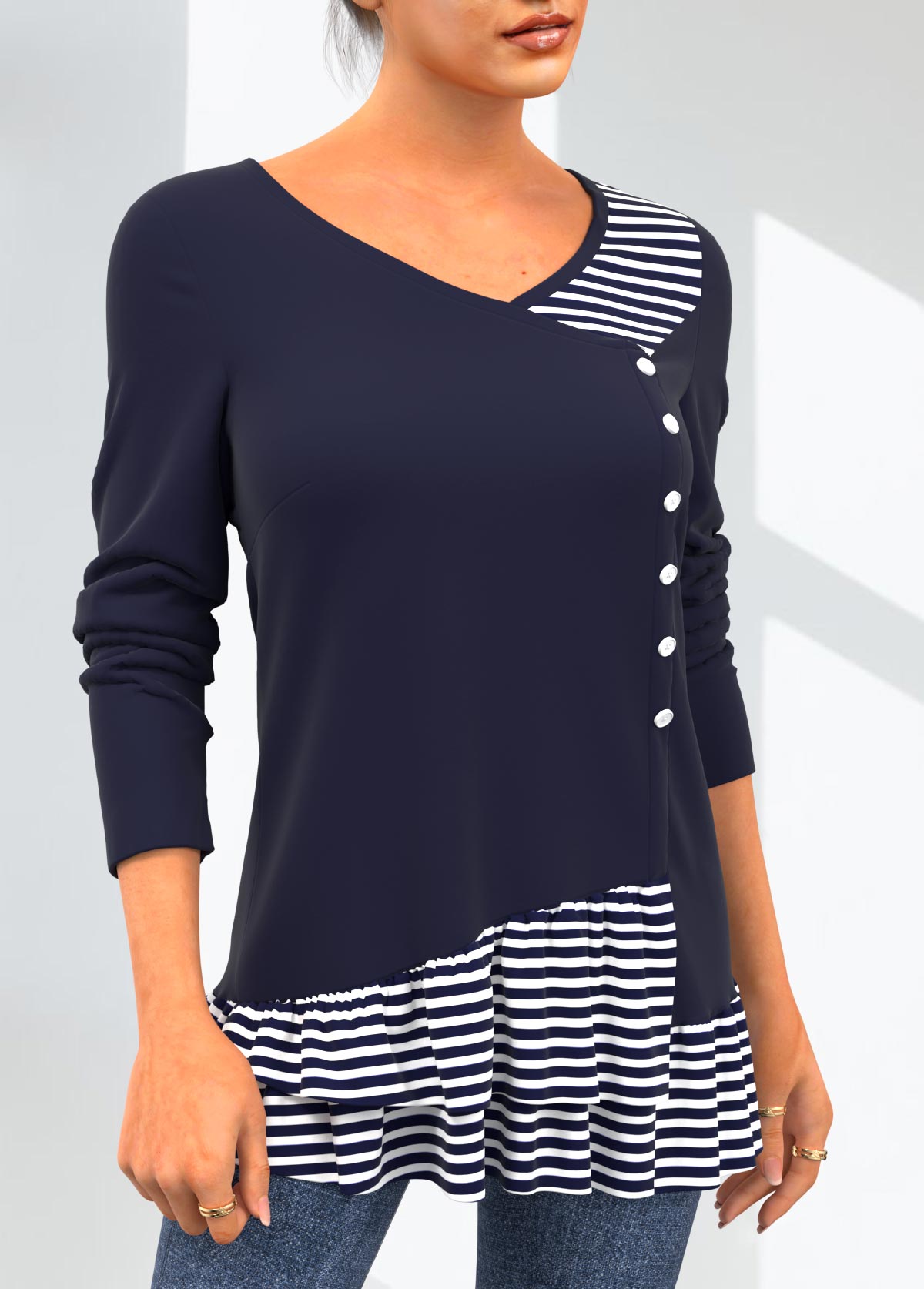Navy tops,Striped tops,ROTITA Striped Decorative Button Layered Hem Navy T Shirt