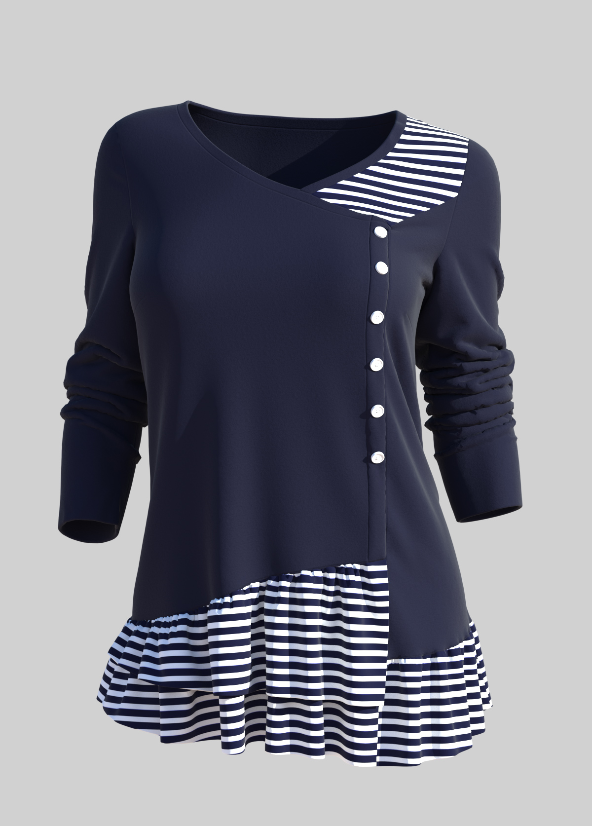 Navy tops,Striped tops,ROTITA Striped Decorative Button Layered Hem Navy T Shirt