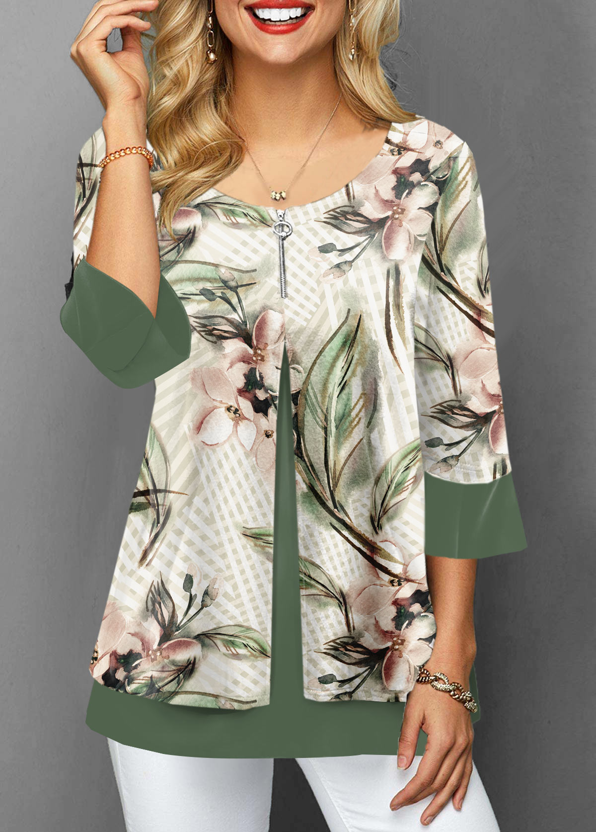 ROTITA 3/4 Sleeve Floral Print Faux Two Piece Blouse