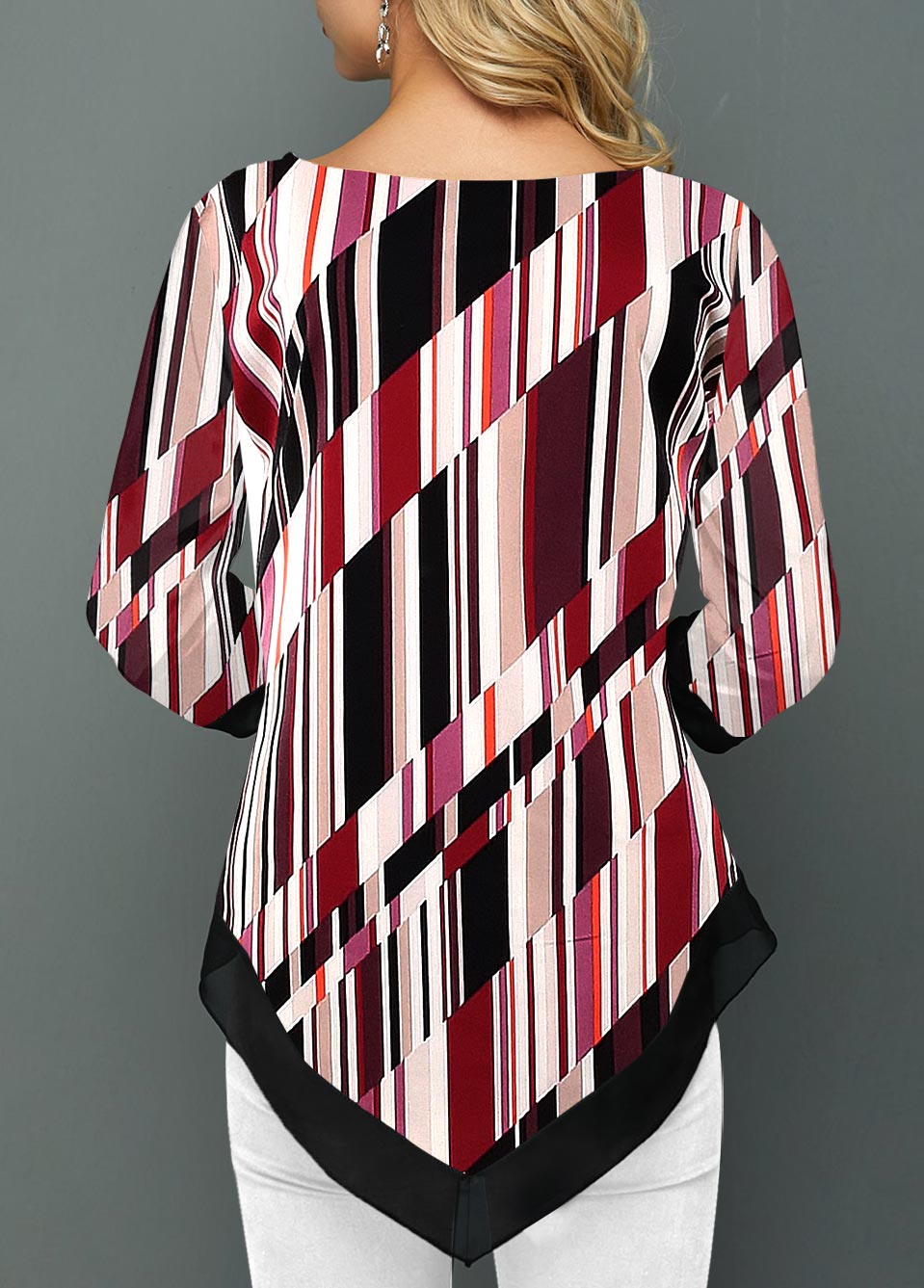 Multi Color tops,Geometric tops,ROTITA Asymmetric Hem 3/4 Sleeve Striped Blouse