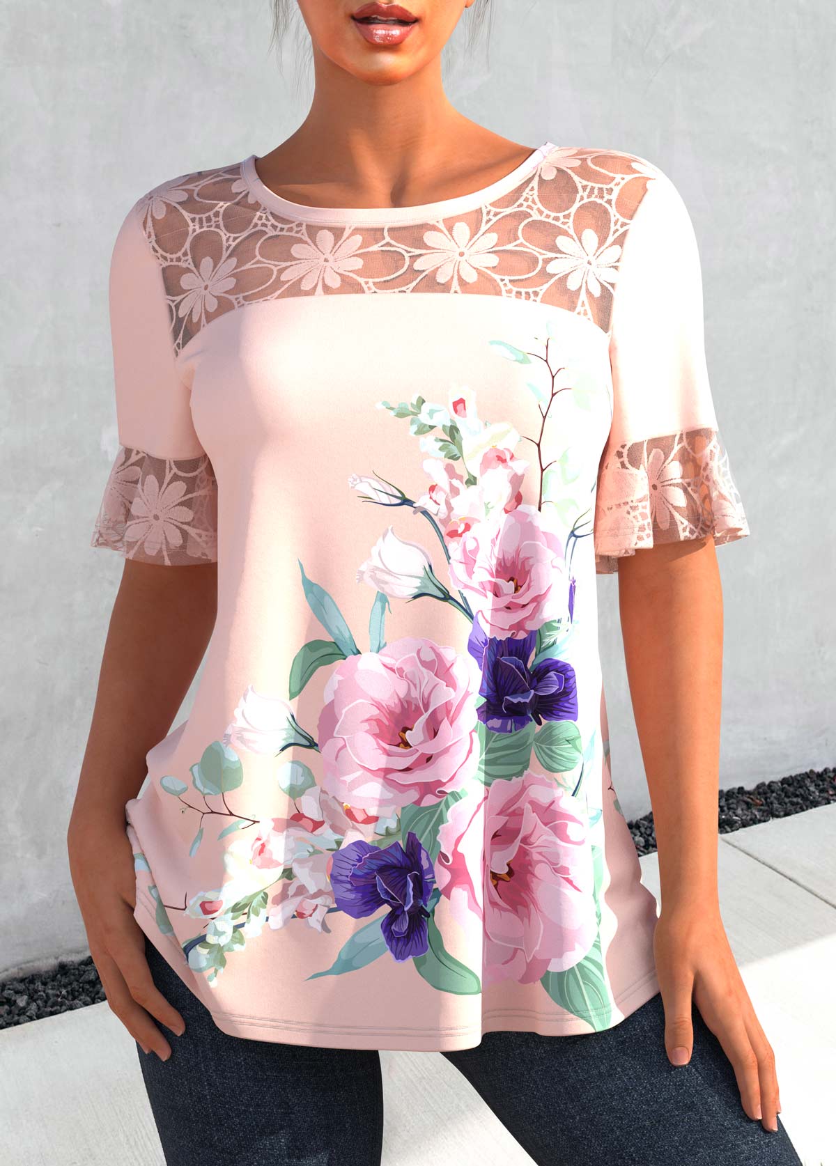 Light Pink tops,Floral tops,ROTITA Floral Print Lace Stitching Light Pink Blouse