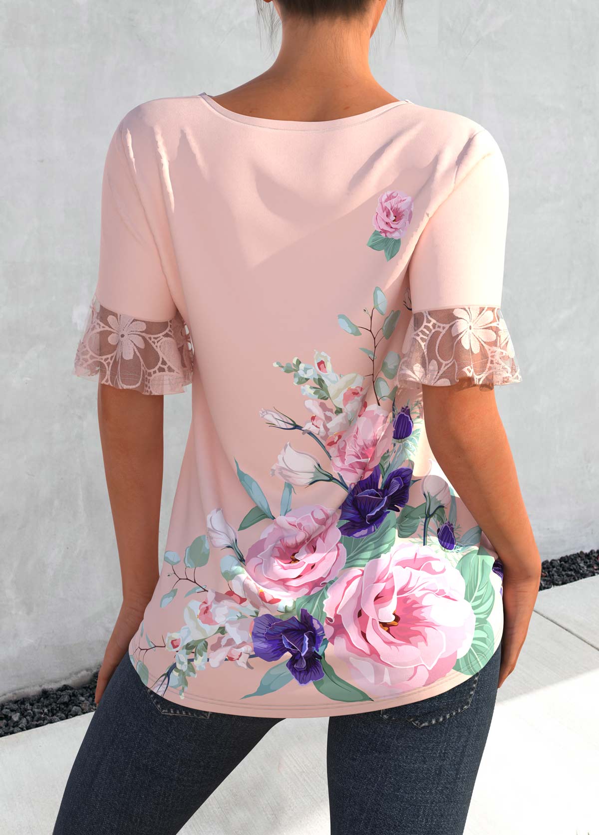 Light Pink tops,Floral tops,ROTITA Floral Print Lace Stitching Light Pink Blouse
